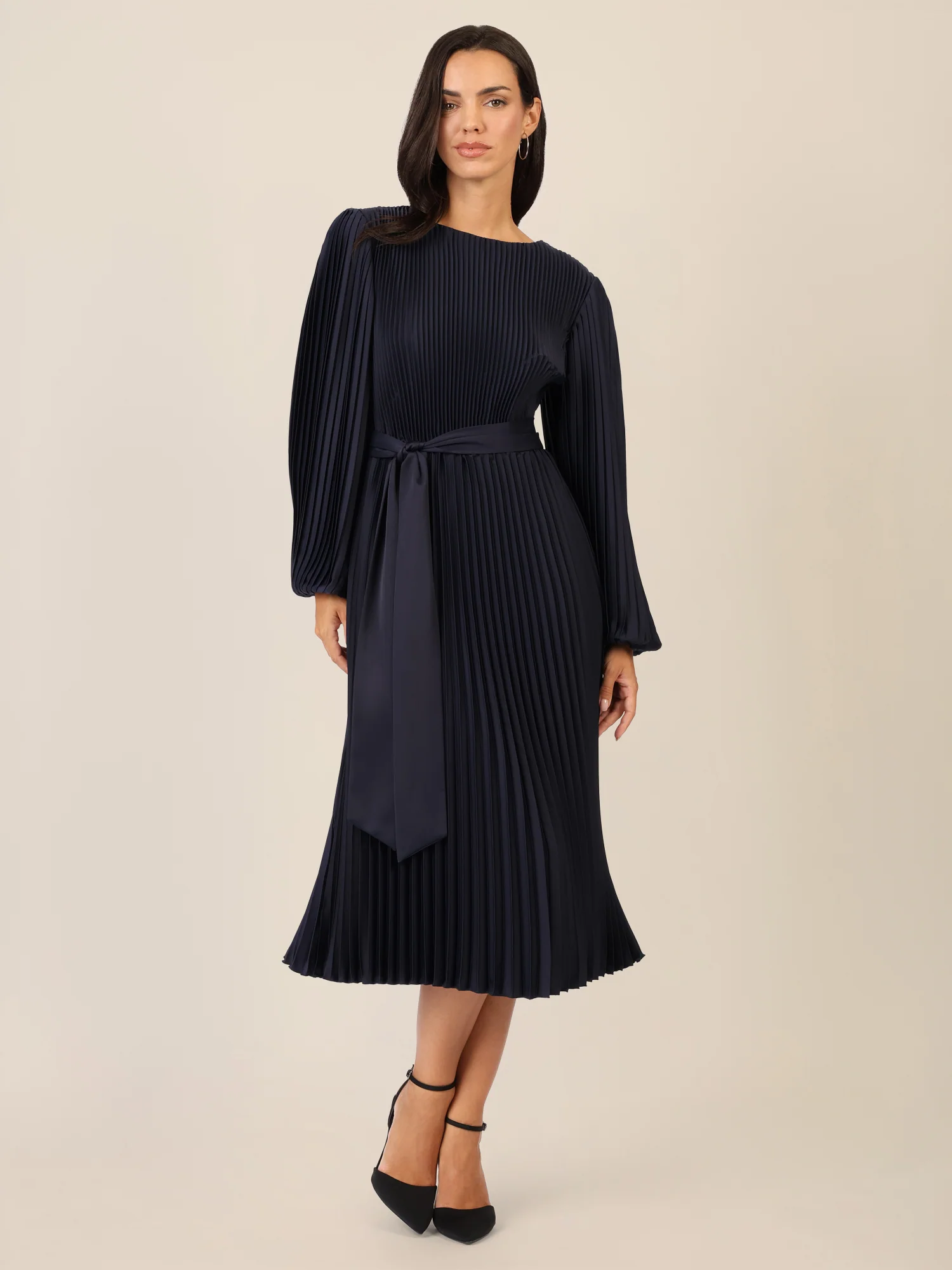APART Midi Plisseekleid mit separatem, breitem Bindegürtel | nachtblau - Image 6