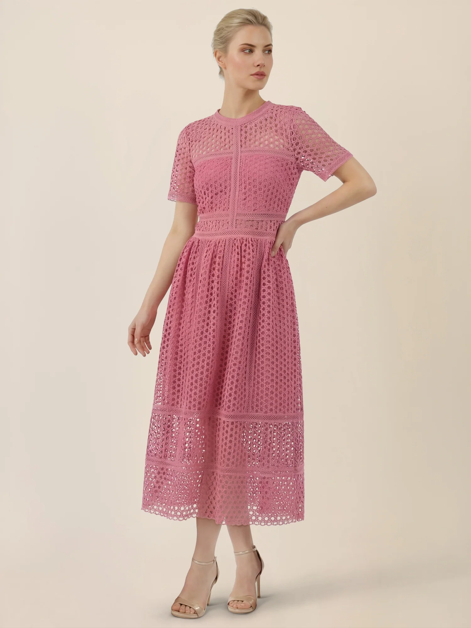 APART Midikleid mit Häkelspitze und Transparenz | rosé - Image 5