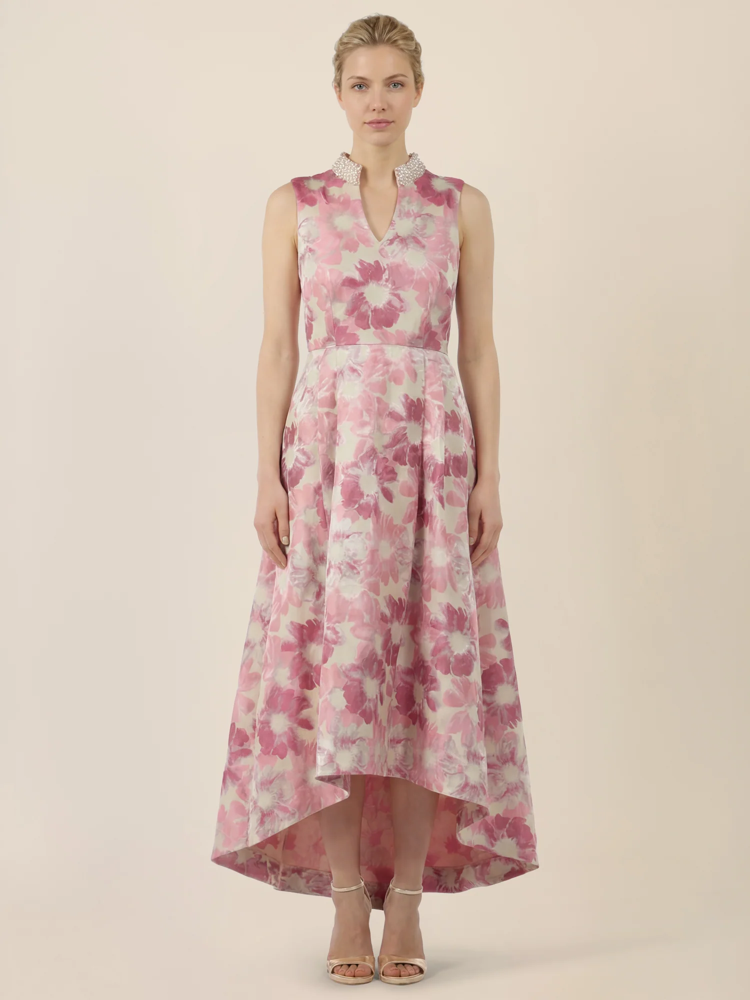 APART Midikleid mit Perlenkragen und Blütenjacquard | creme-rose