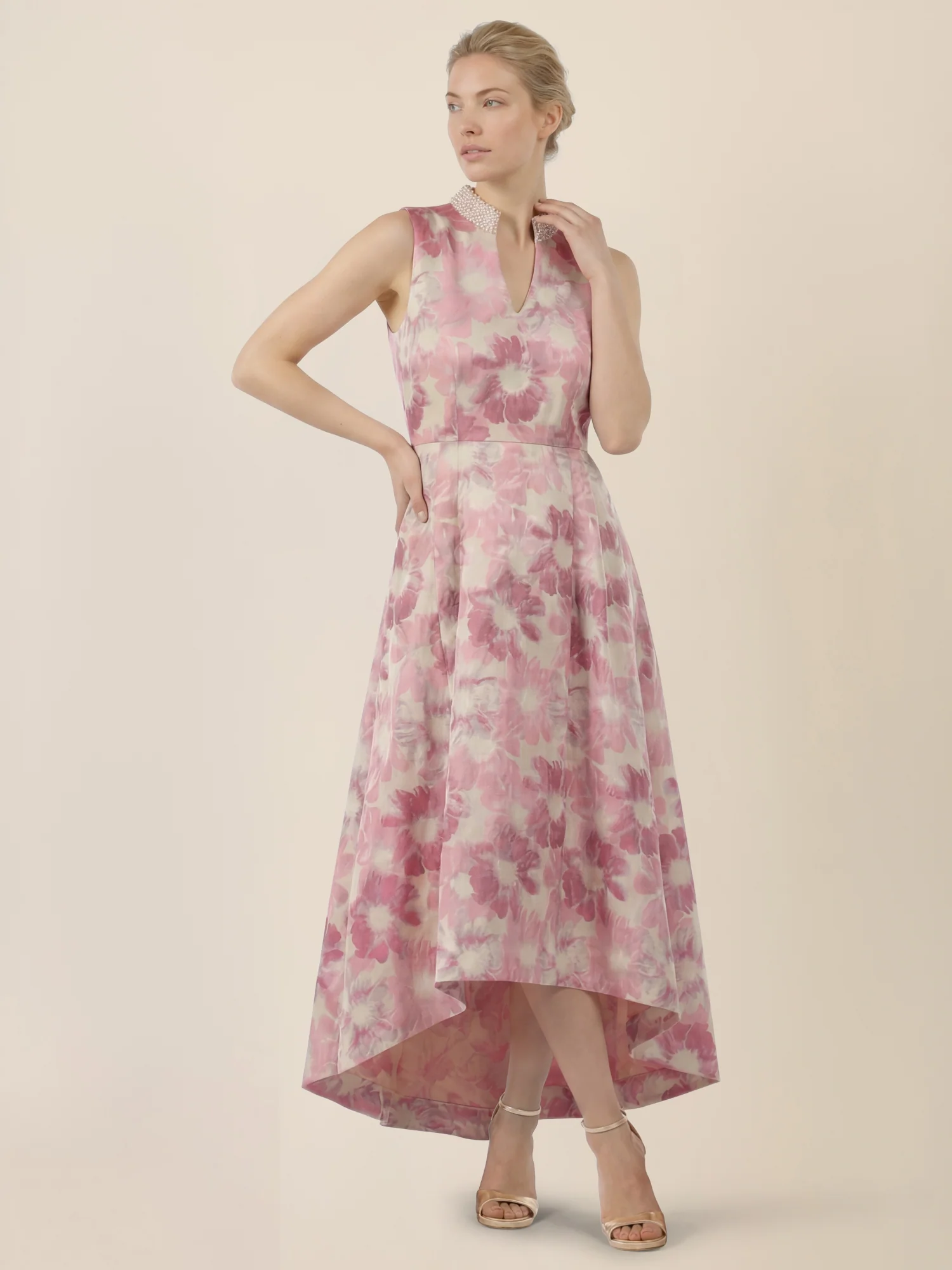 APART Midikleid mit Perlenkragen und Blütenjacquard | creme-rose - Image 6