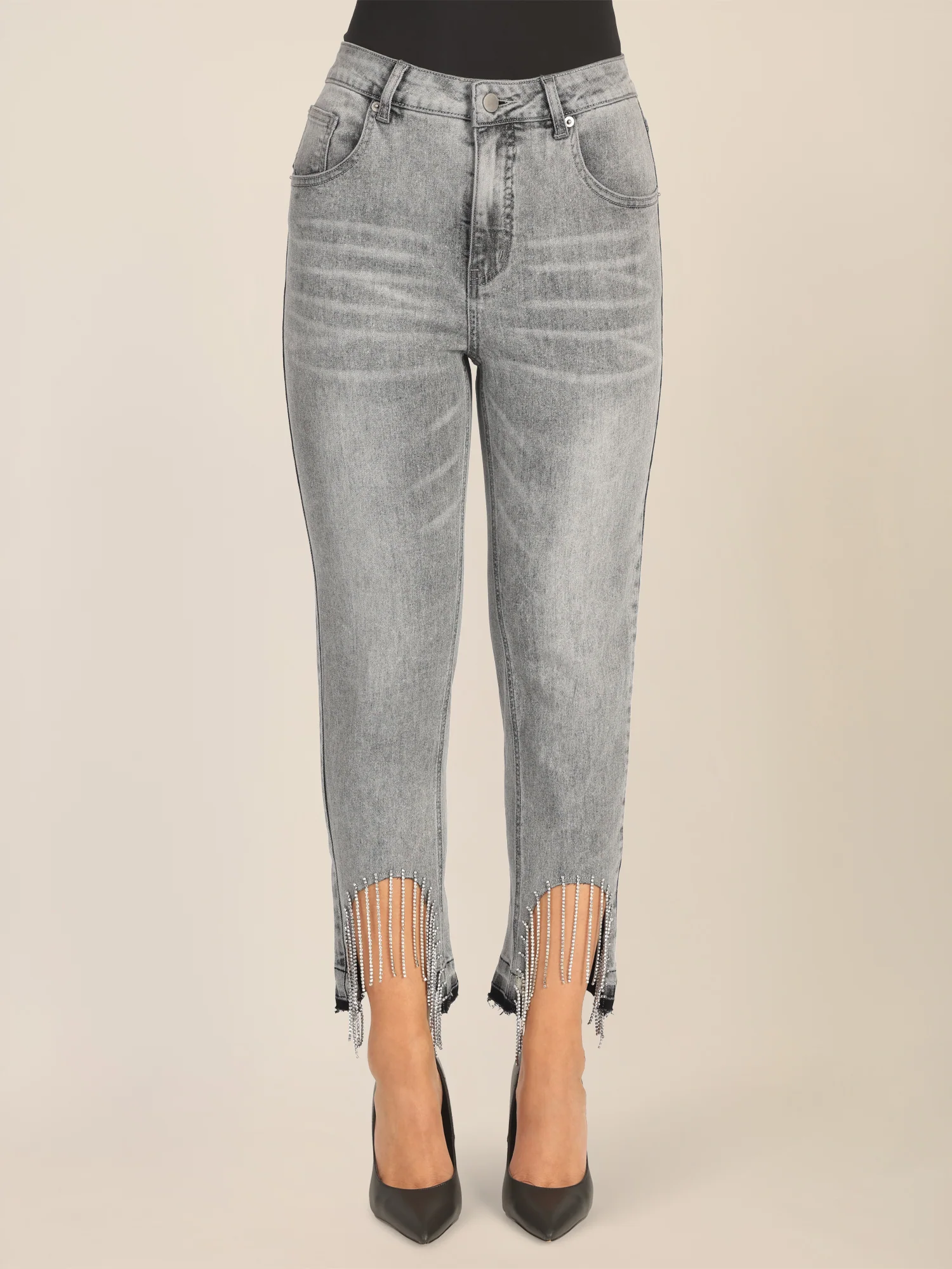 APART Mom Jeans mit Kristallsteinen mit Kristallstein Fransen am Saum | grau