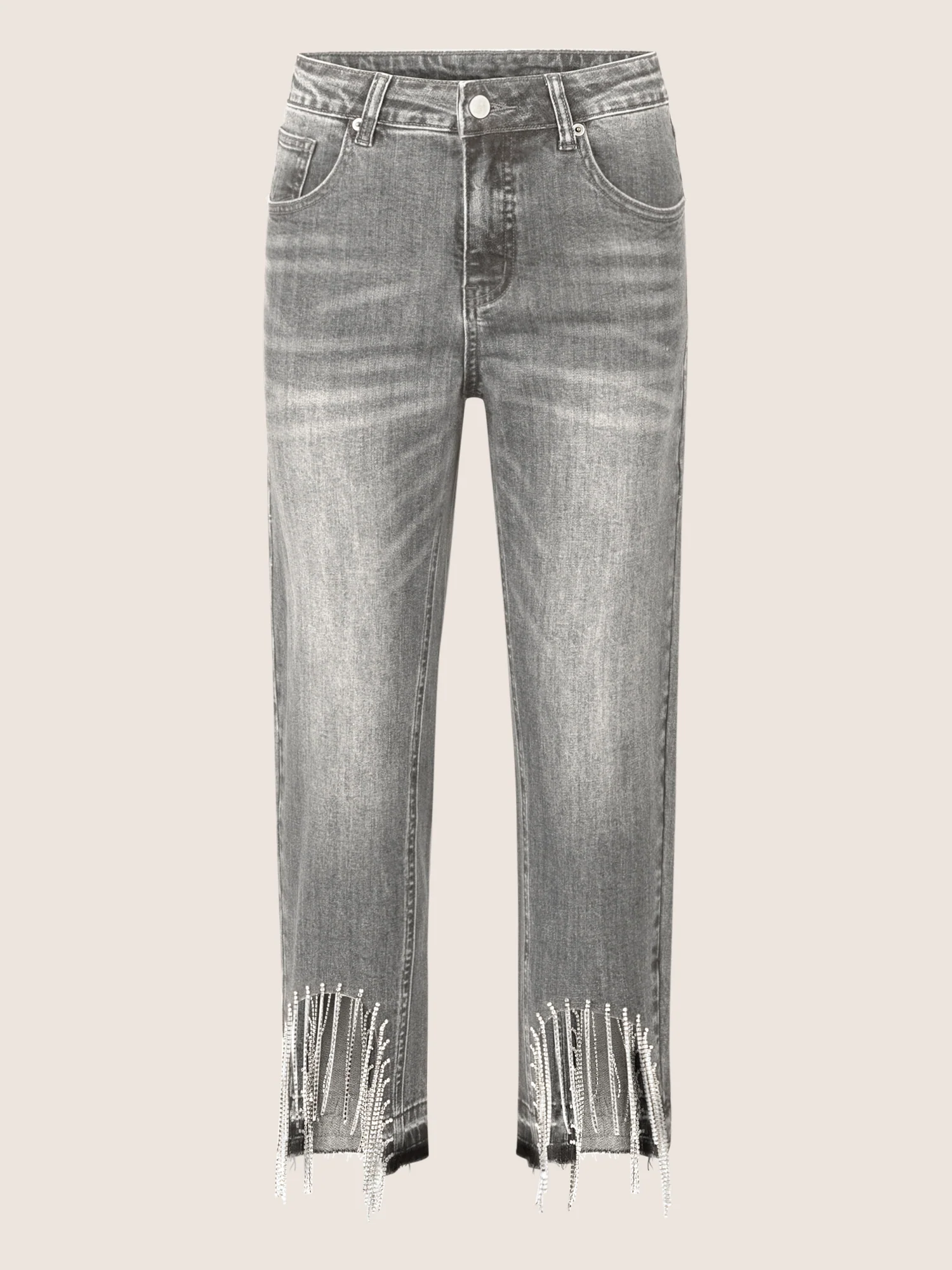 APART Mom Jeans mit Kristallsteinen mit Kristallstein Fransen am Saum | grau - Image 4
