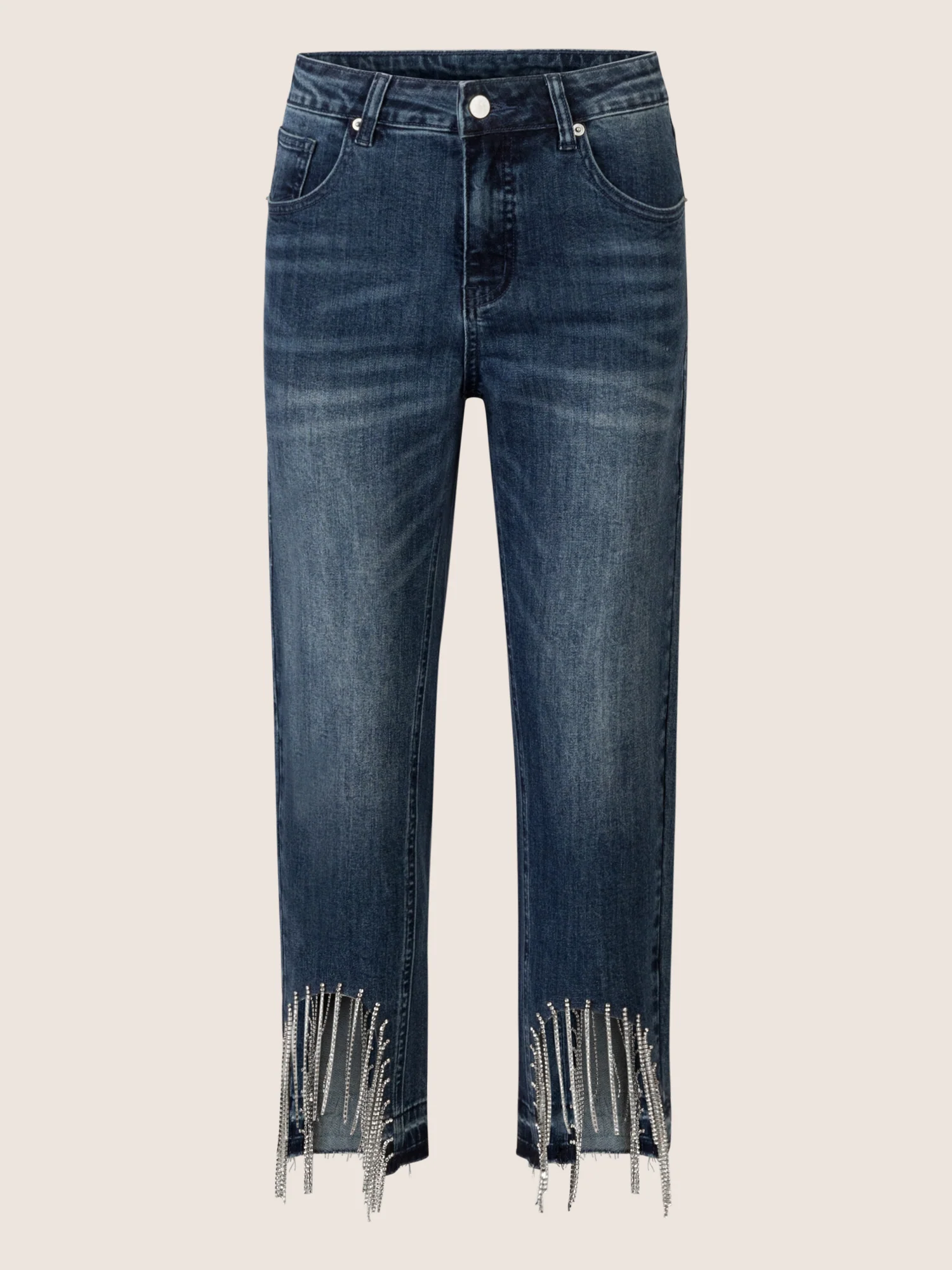 APART Mom Jeans mit Kristallsteinen mit Kristallstein Fransen am Saum | mittelblau - Image 4