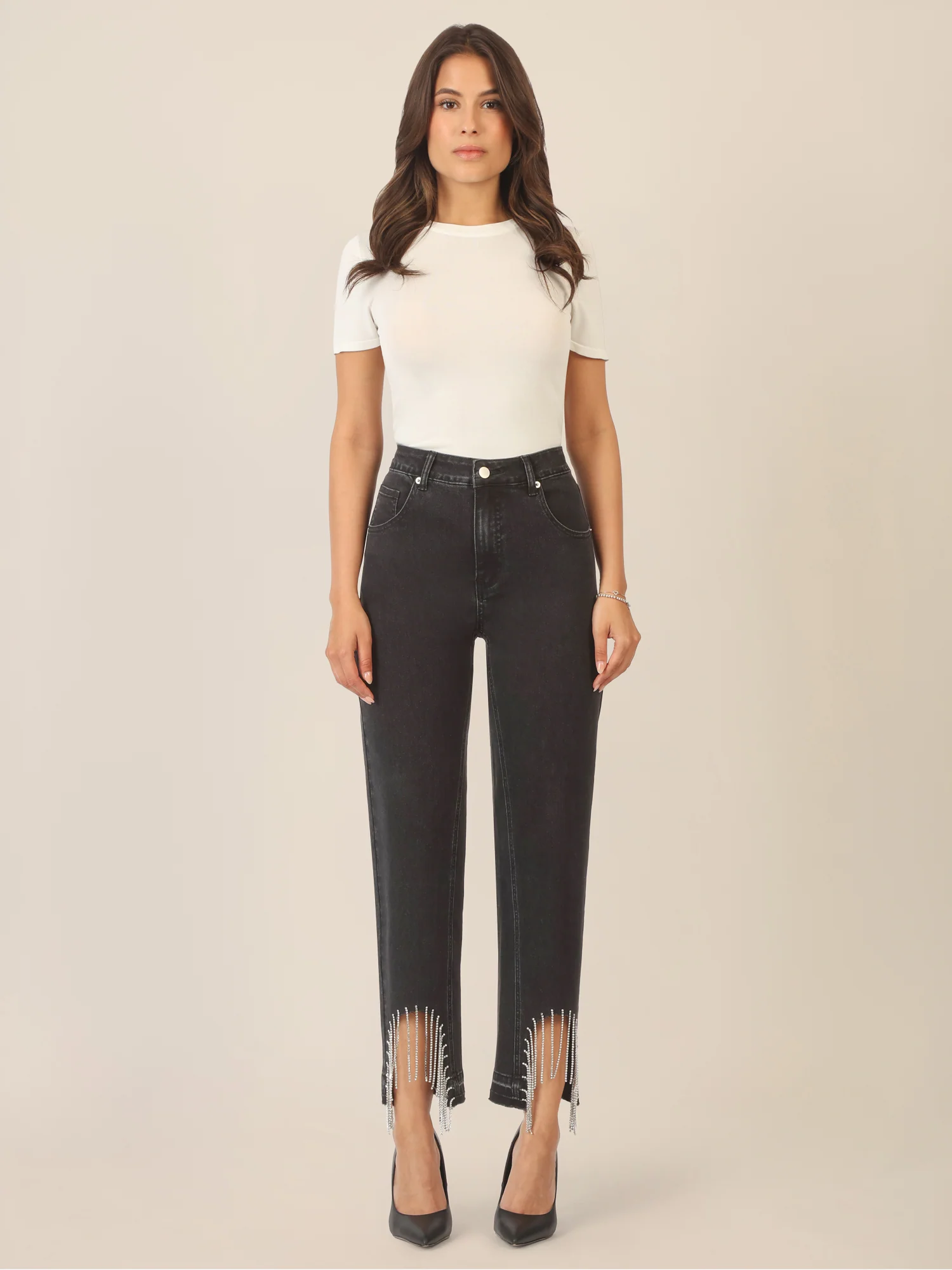 APART Mom Jeans mit Kristallsteinen mit Kristallstein Fransen am Saum | schwarz - Image 6