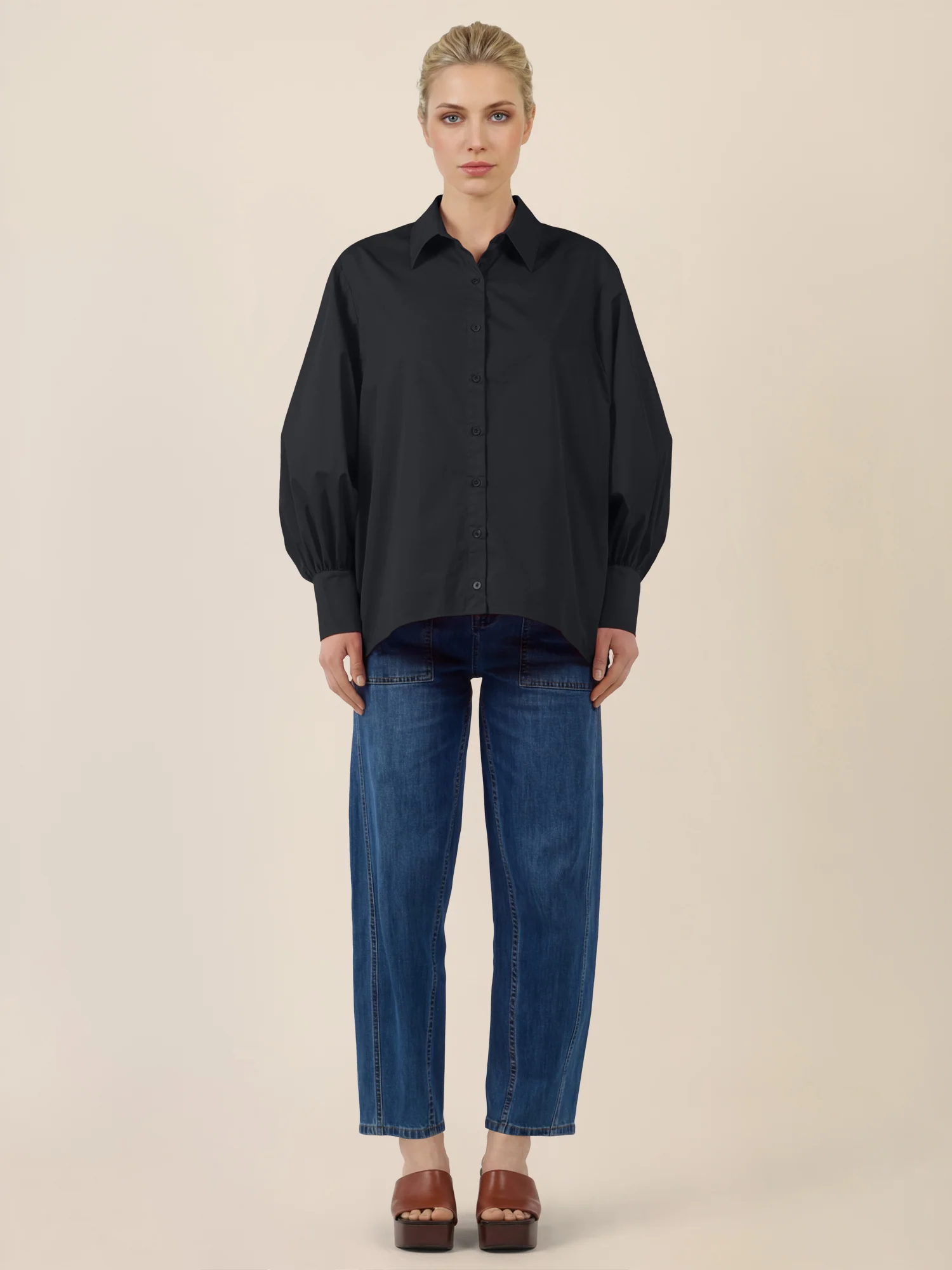 APART Oversize-Bluse mit Ballonärmeln und Hemdkragen | schwarz - Image 2