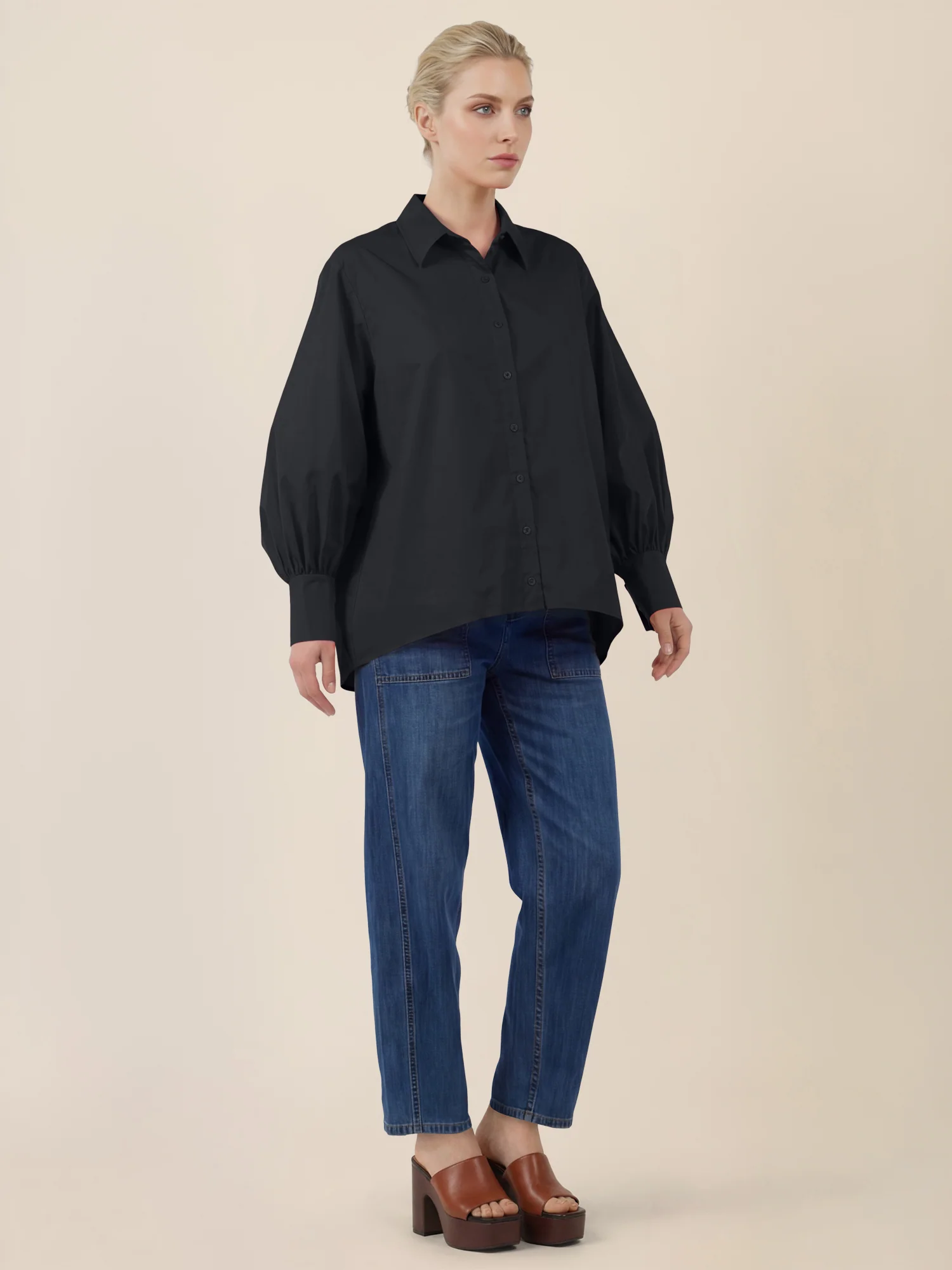 APART Oversize-Bluse mit Ballonärmeln und Hemdkragen | schwarz - Image 6