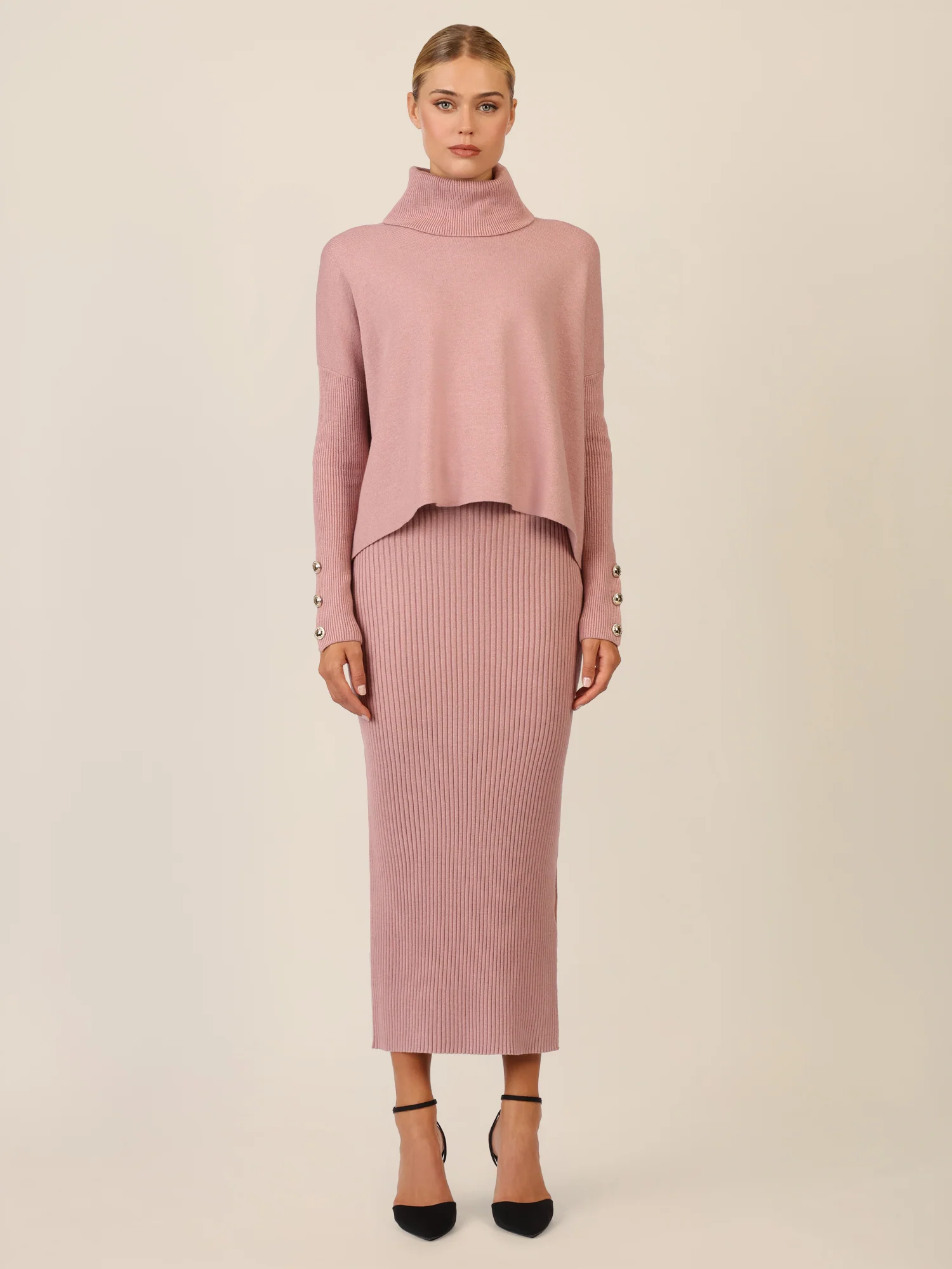 APART Oversized Pullover mit Rollkragen und Schmuckknöpfen | mauve - Image 6