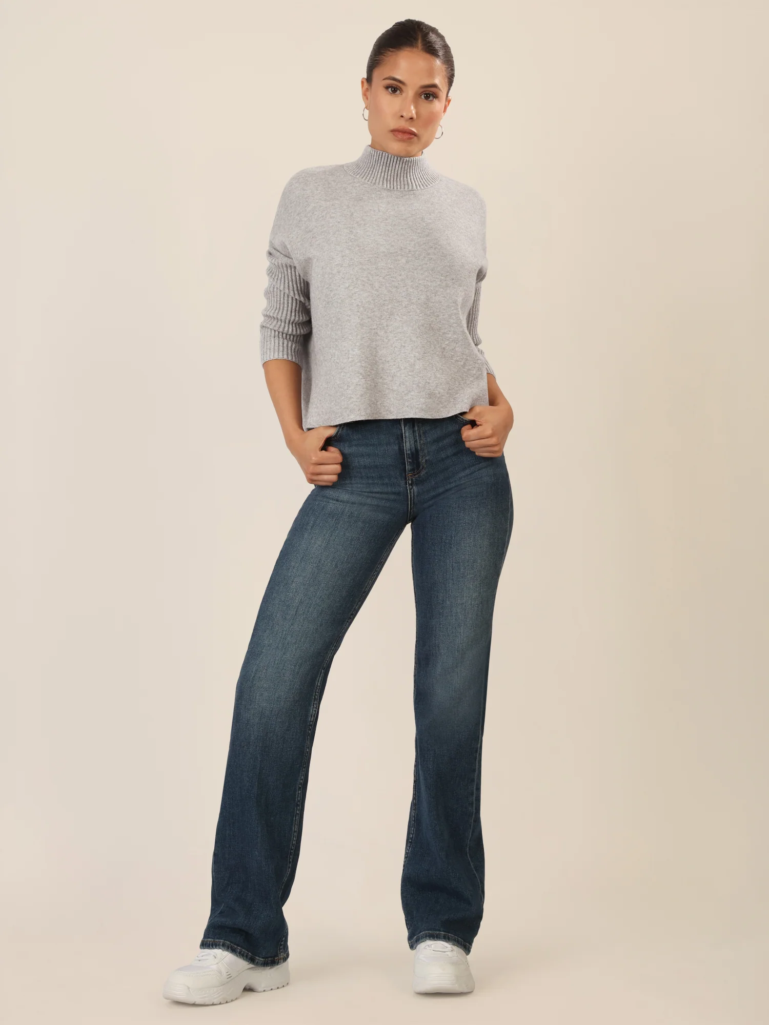 APART Oversized Pullover mit Stehkragen und Rippenstruktur | graumeliert - Image 2