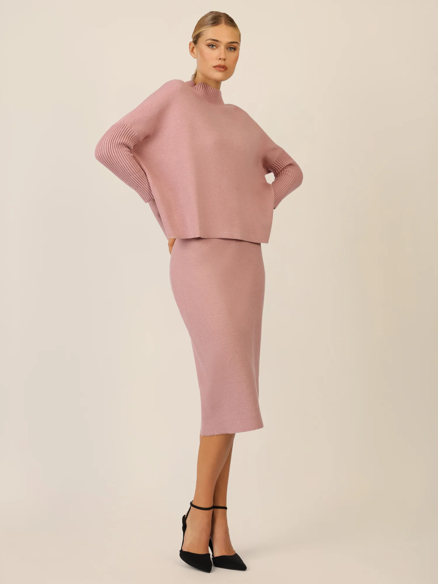 APART Oversized Pullover mit Stehkragen und Rippenstruktur | mauve - Image 2