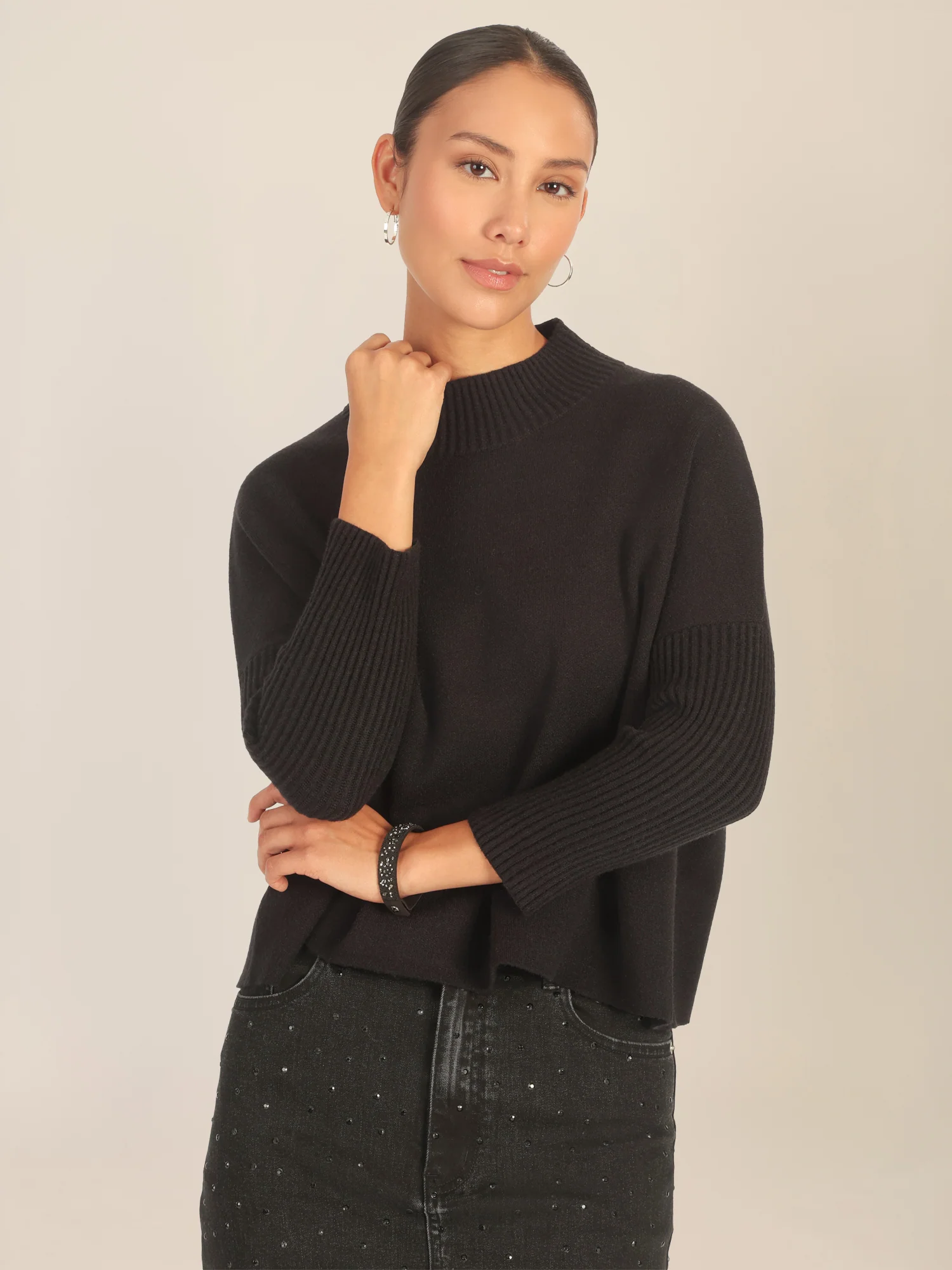 APART Oversized Pullover mit Stehkragen und Rippenstruktur | schwarz