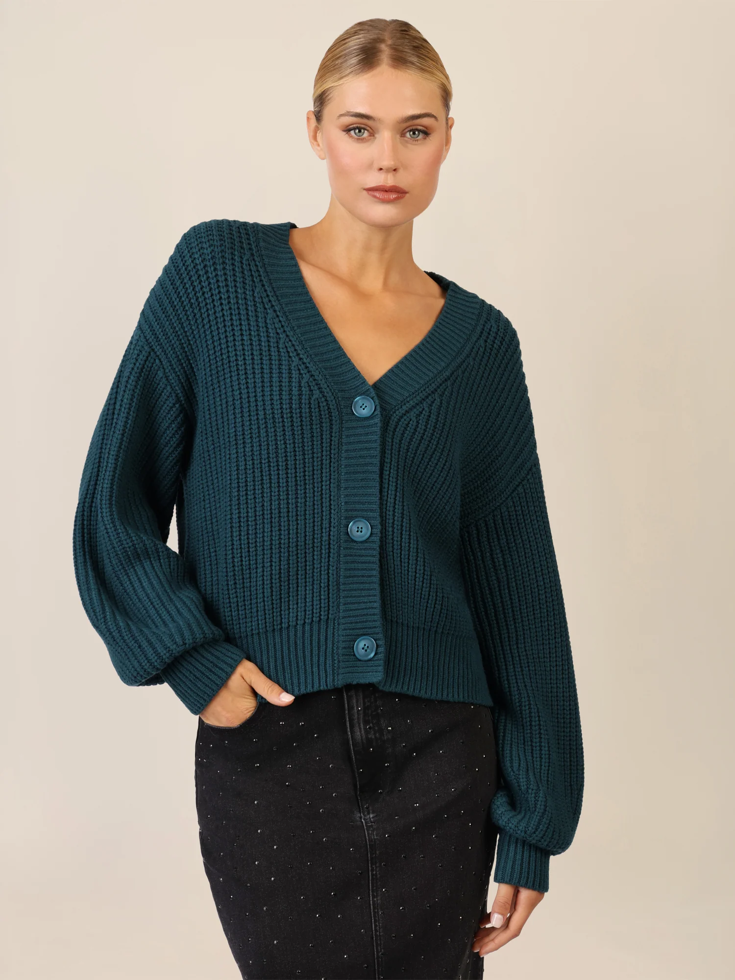 APART Oversized Strickjacke mit Knopfleiste | dunkelgrün - Image 5