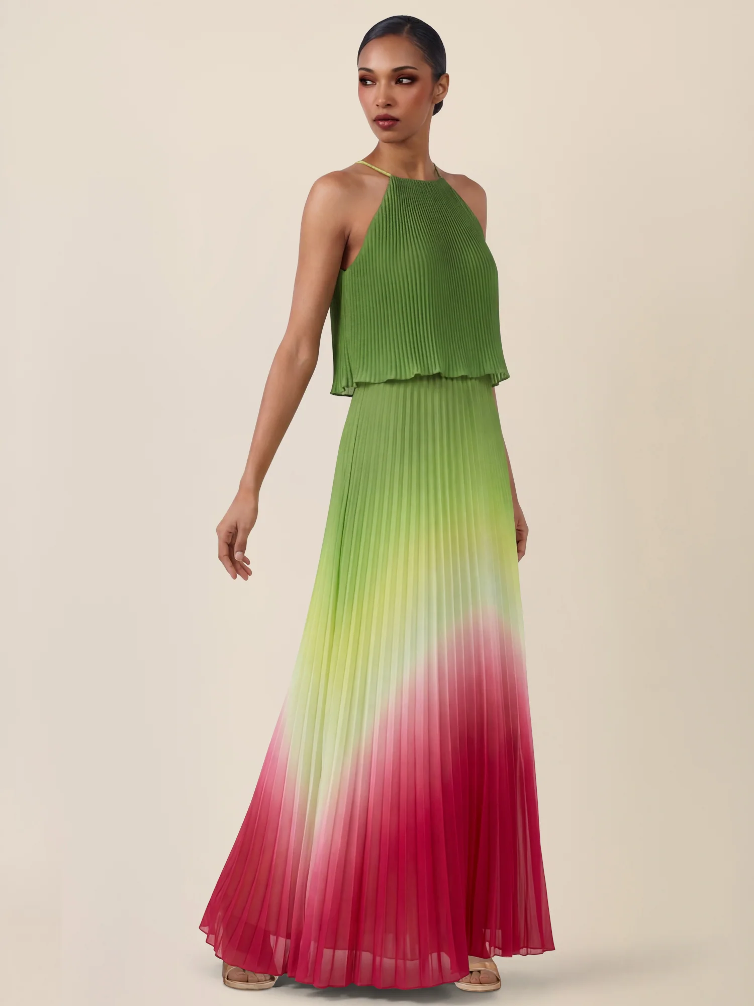APART Plissiertes Langes Chiffonkleid mit Farbverlauf | grün-multicolor - Image 5