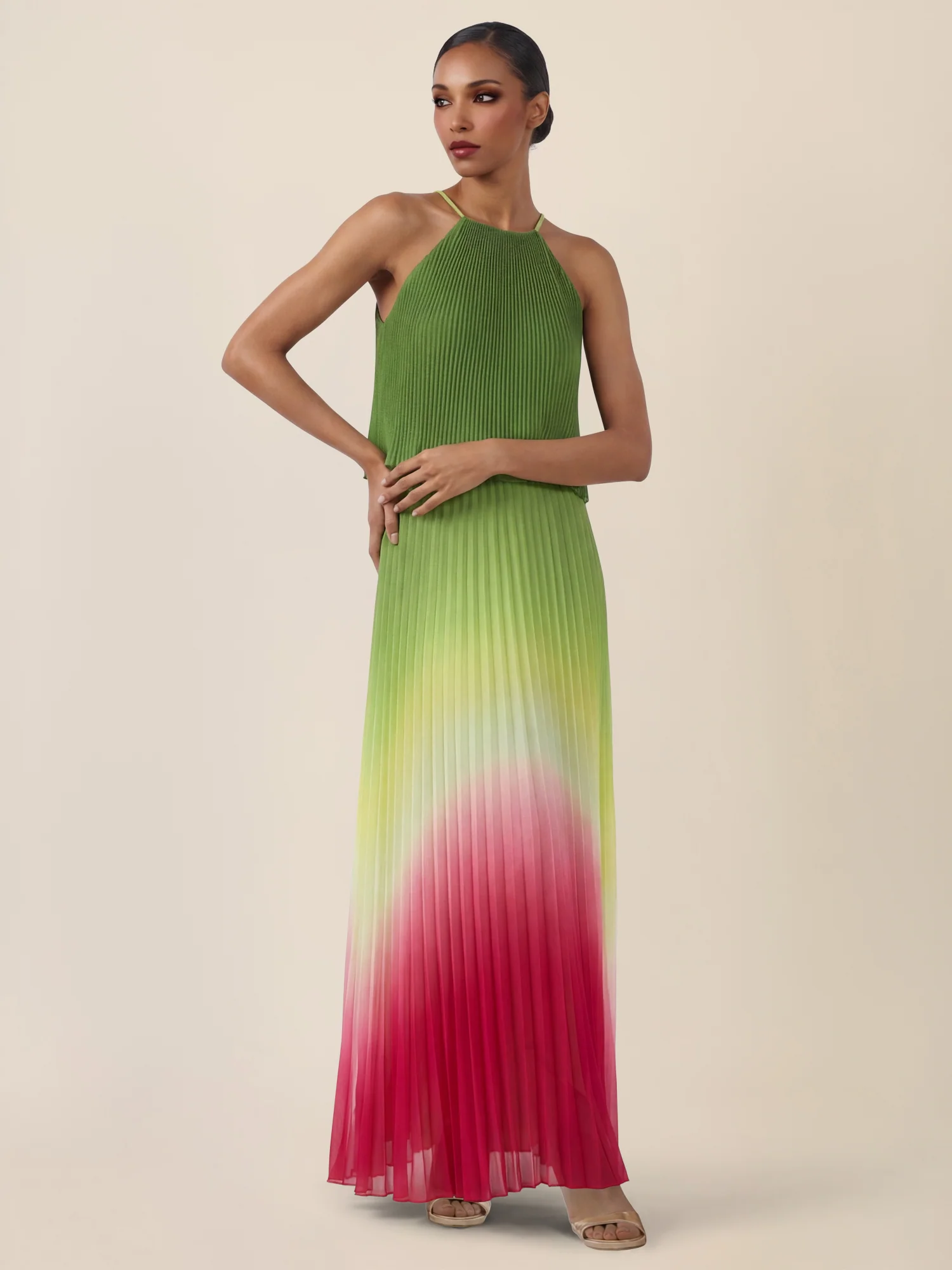 APART Plissiertes Langes Chiffonkleid mit Farbverlauf | grün-multicolor - Image 6