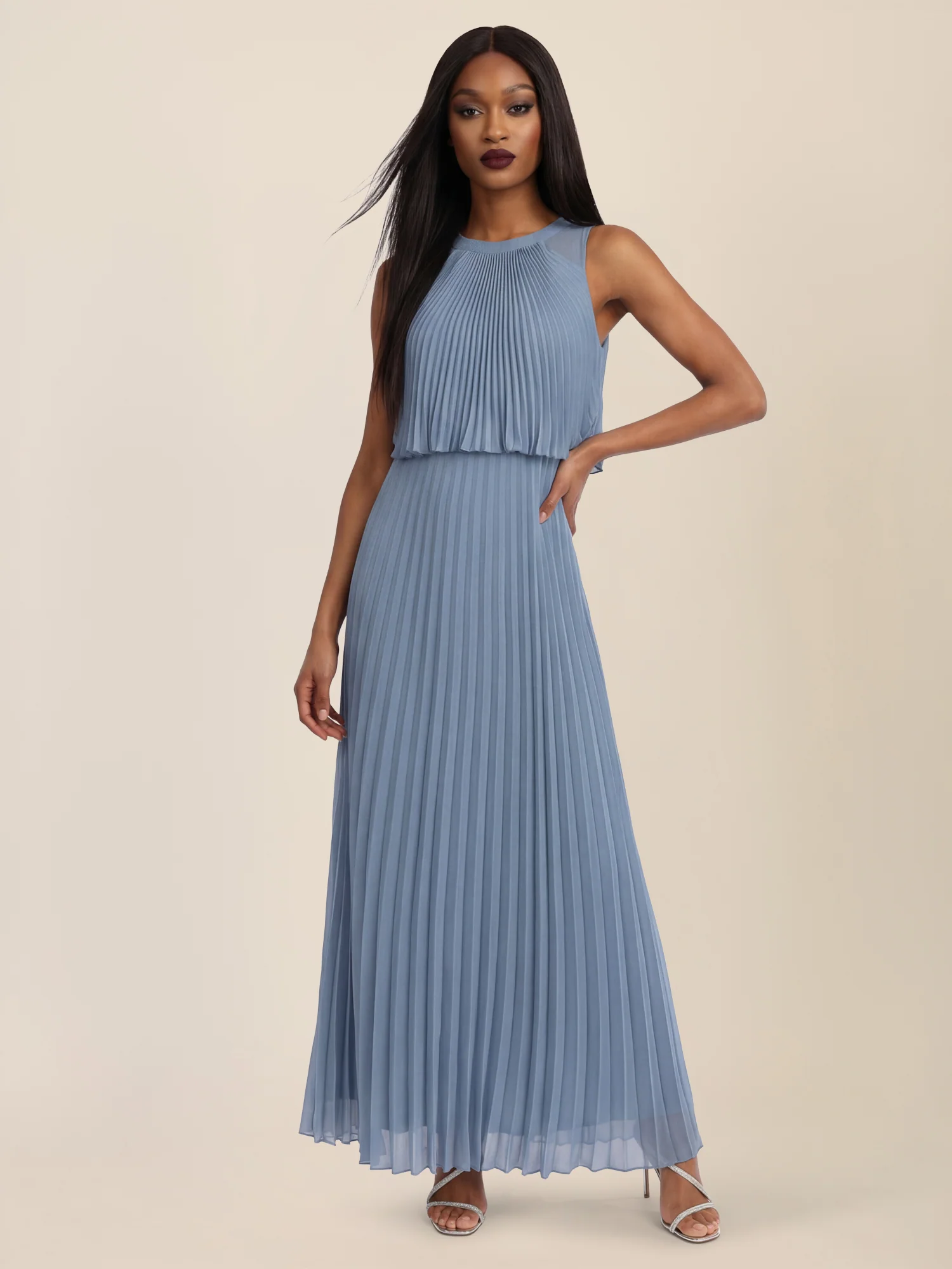 APART Plissiertes Maxikleid mit Doppellagen-Effekt | rauchblau