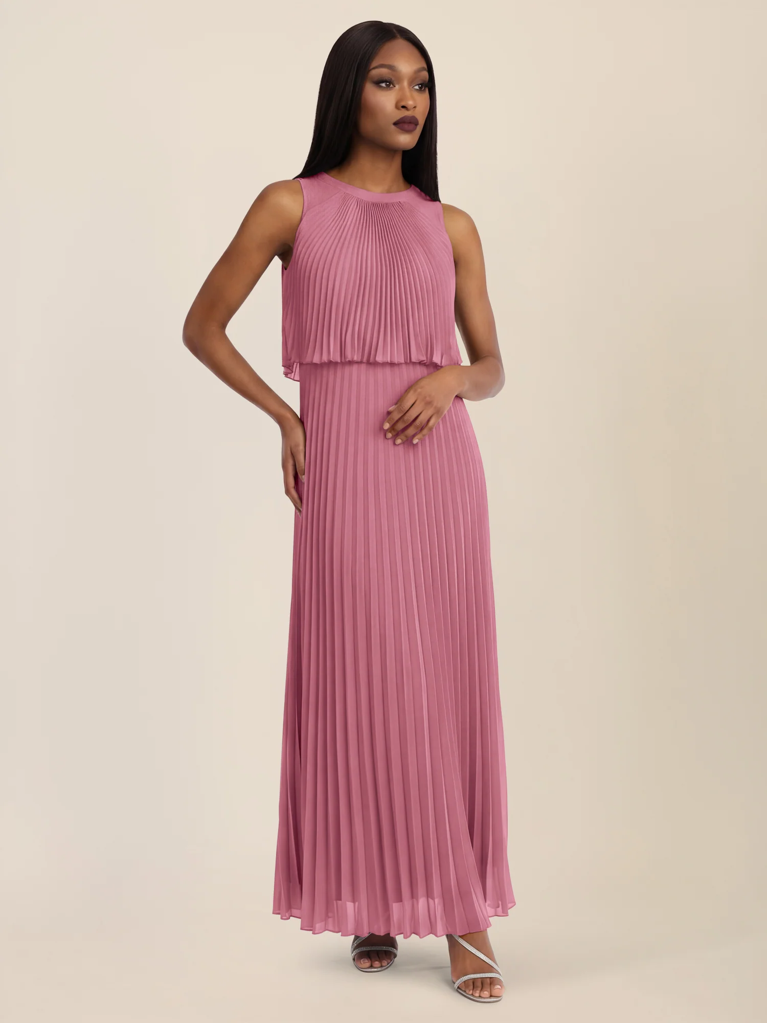 APART Plissiertes Maxikleid mit Doppellagen-Effekt | rosé - Image 5
