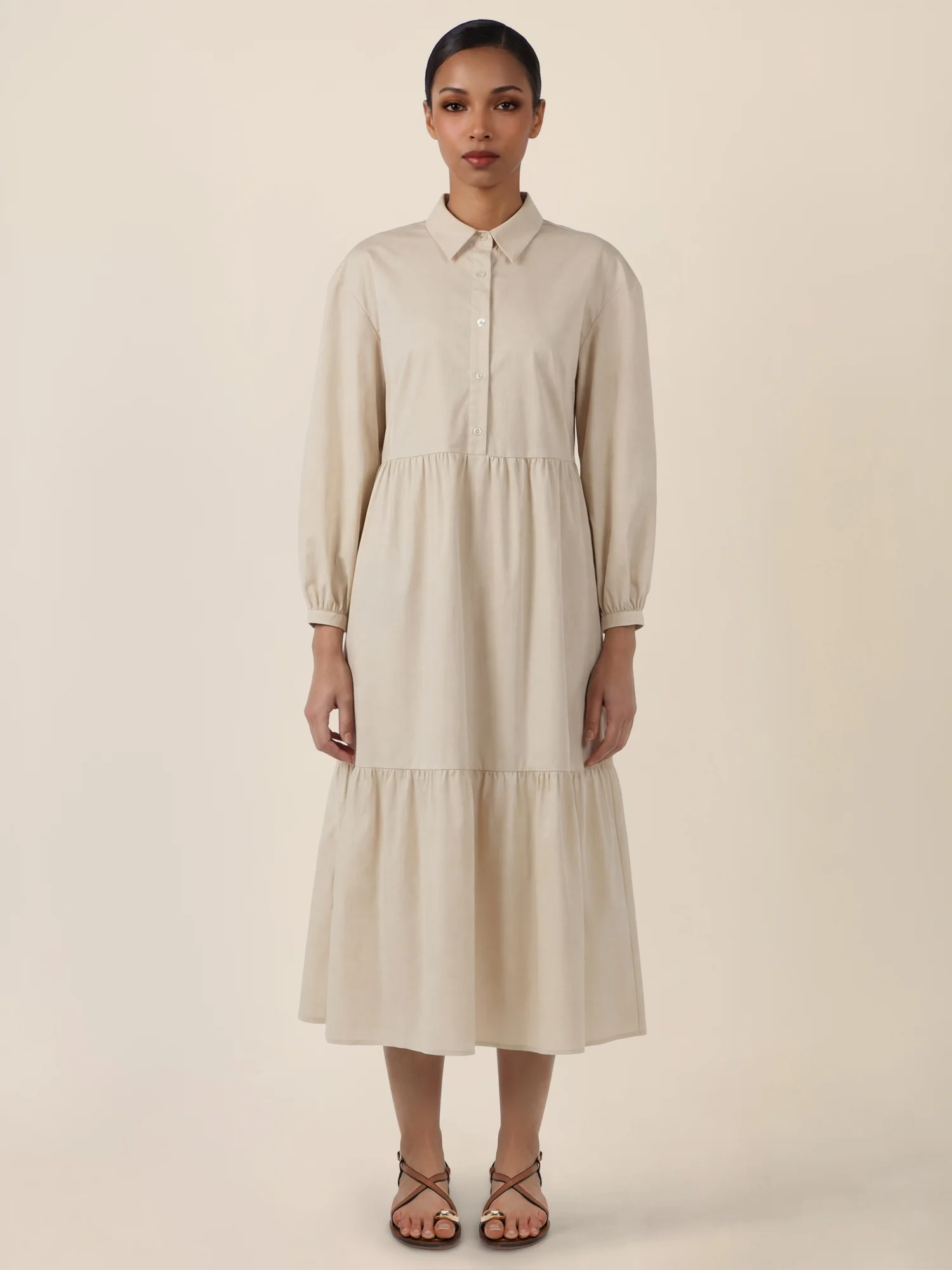 APART Popeline-Midikleid mit Hemdkragen | beige