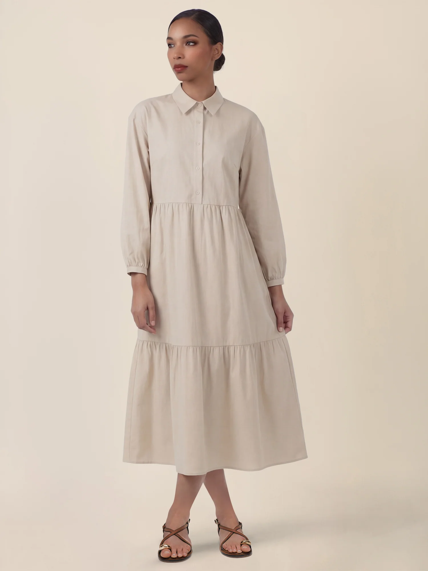 APART Popeline-Midikleid mit Hemdkragen | beige - Image 5