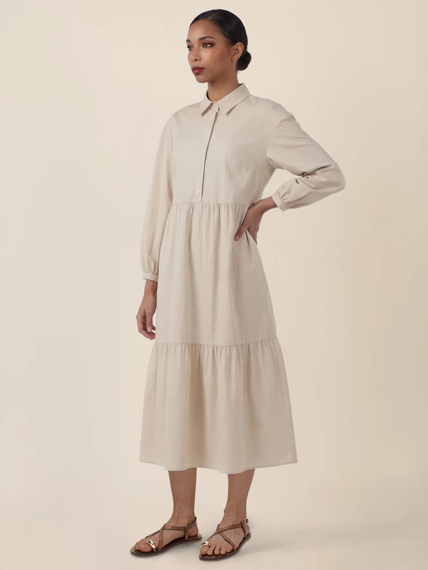 APART Popeline-Midikleid mit Hemdkragen | beige - Image 6