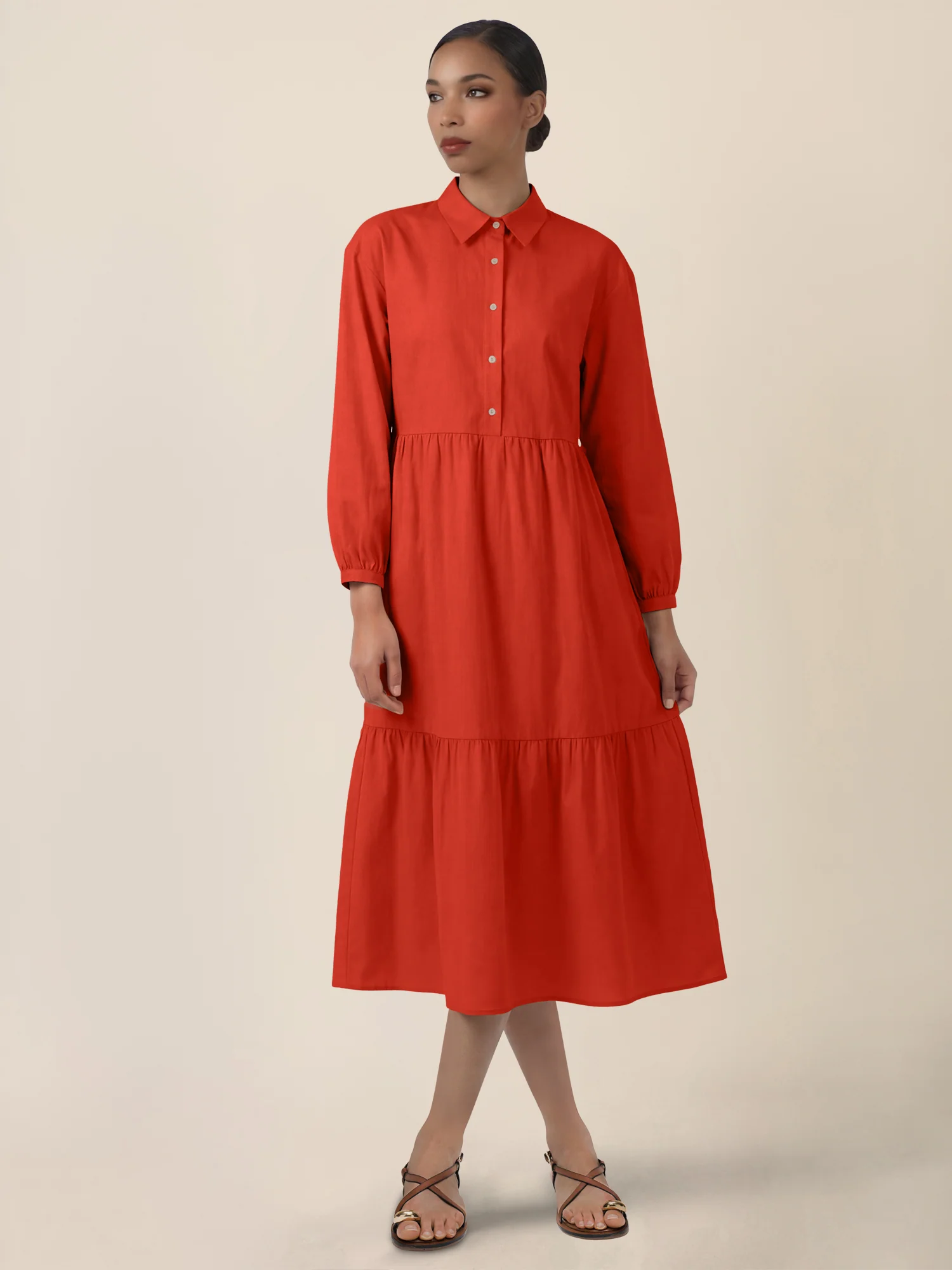 APART Popeline-Midikleid mit Hemdkragen | orange - Image 5