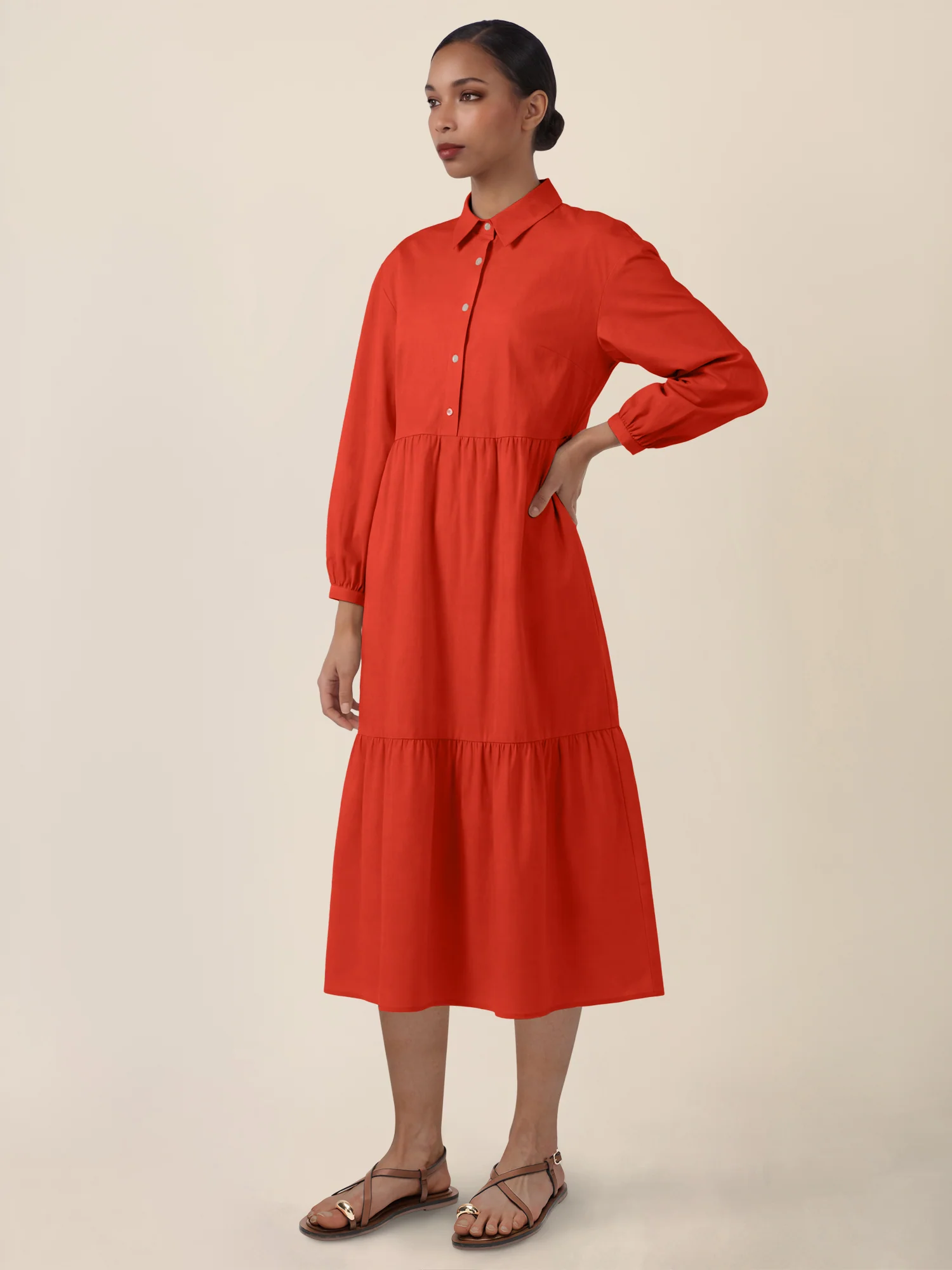 APART Popeline-Midikleid mit Hemdkragen | orange - Image 6