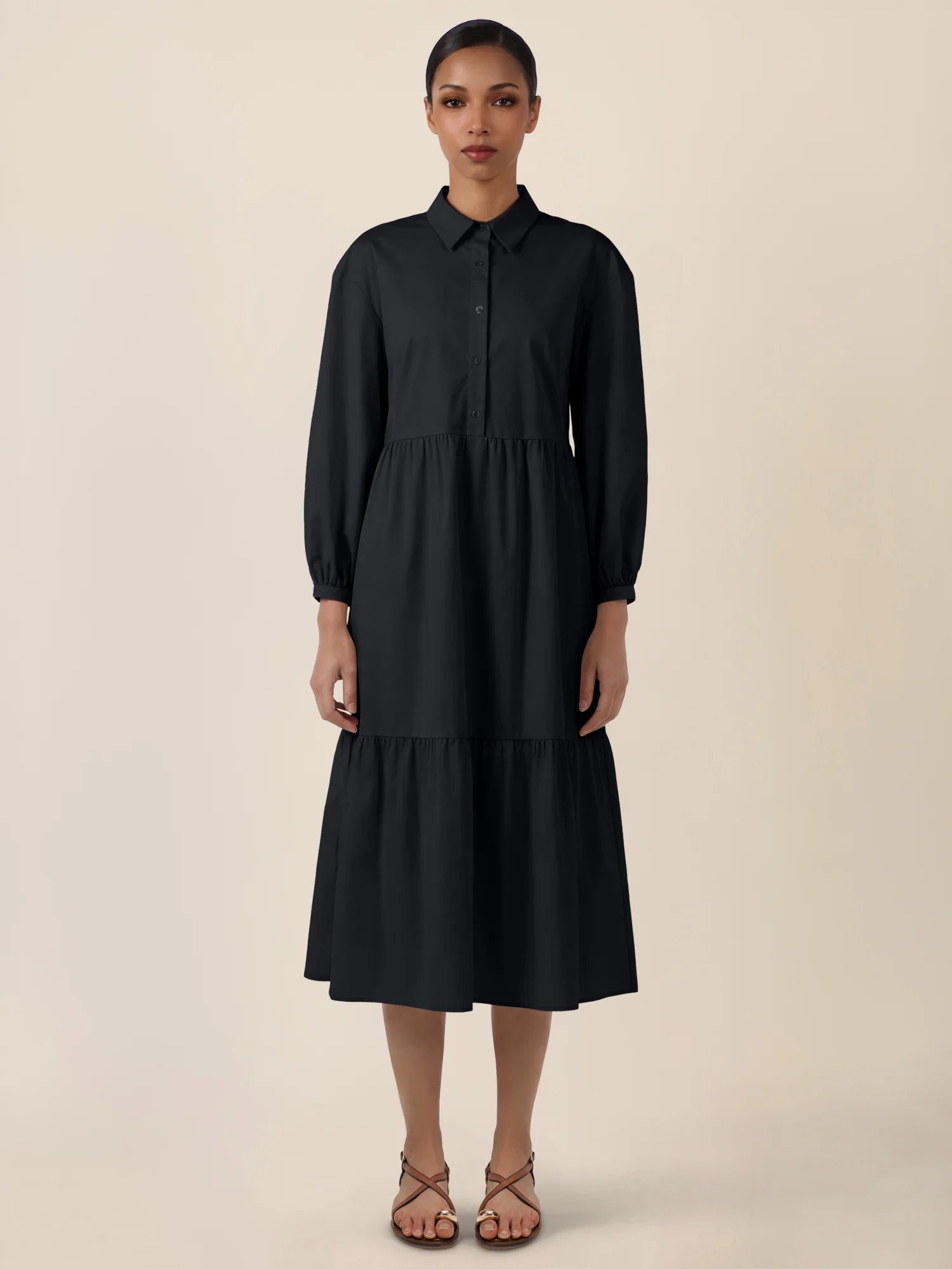 APART Popeline-Midikleid mit Hemdkragen | schwarz