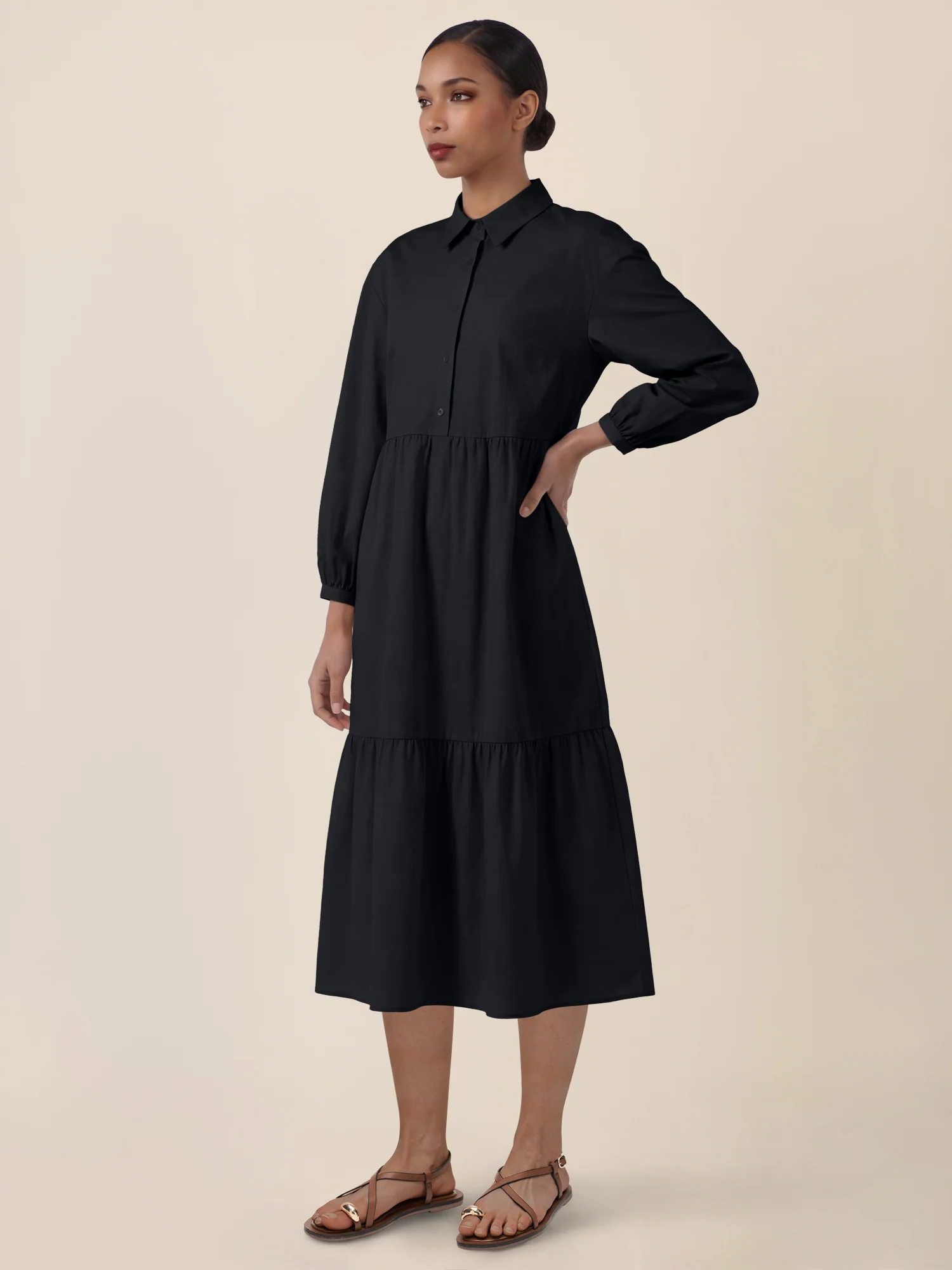 APART Popeline-Midikleid mit Hemdkragen | schwarz - Image 5
