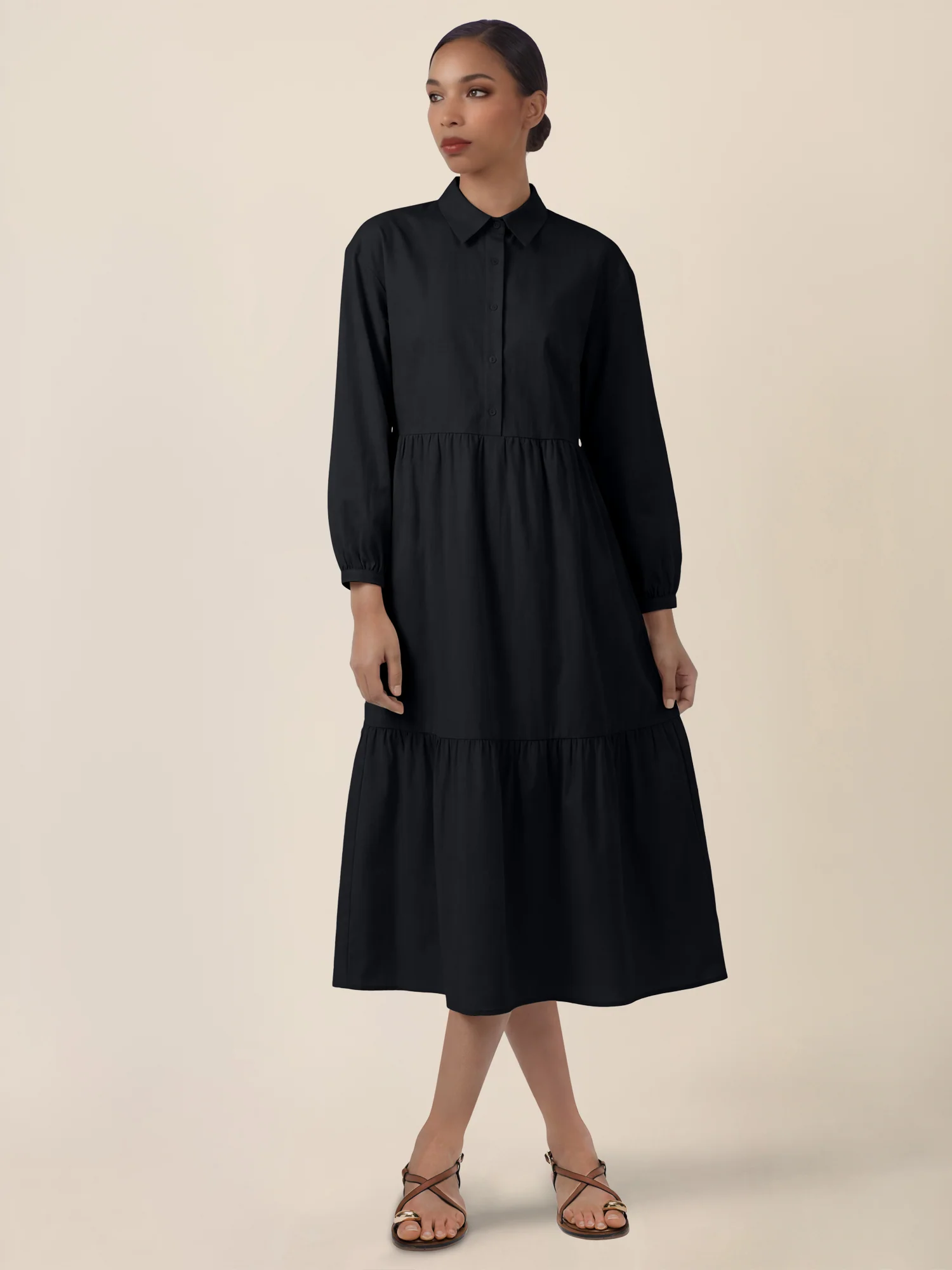 APART Popeline-Midikleid mit Hemdkragen | schwarz - Image 6