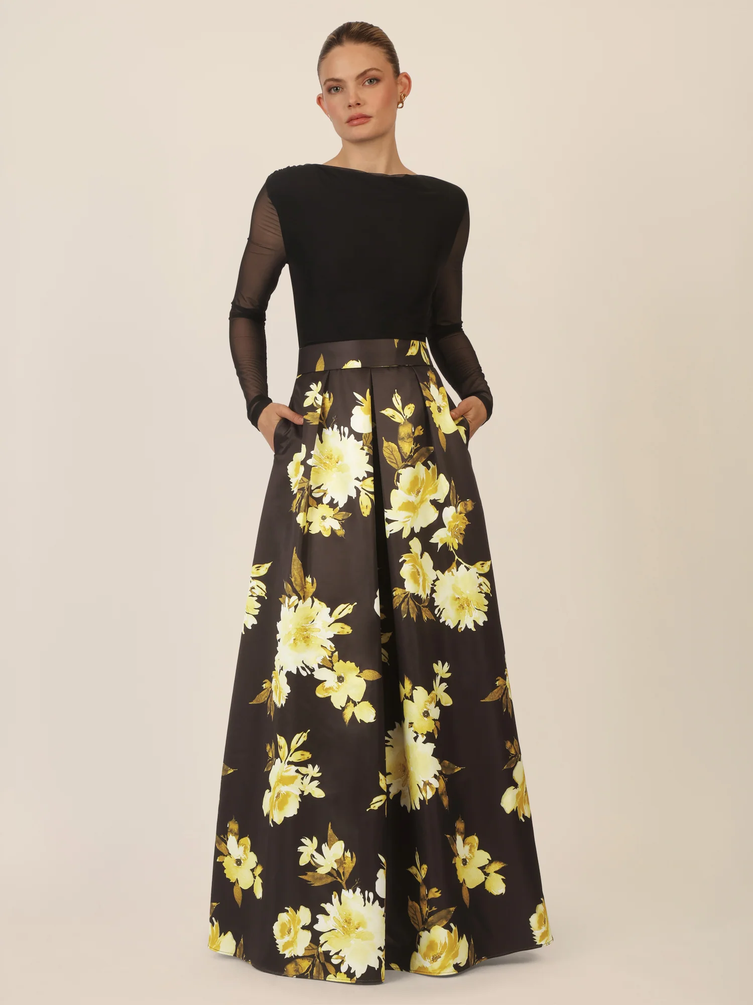 APART Satin-Meshkleid in femininer Zweiteiler-Optik | schwarz-multicolor