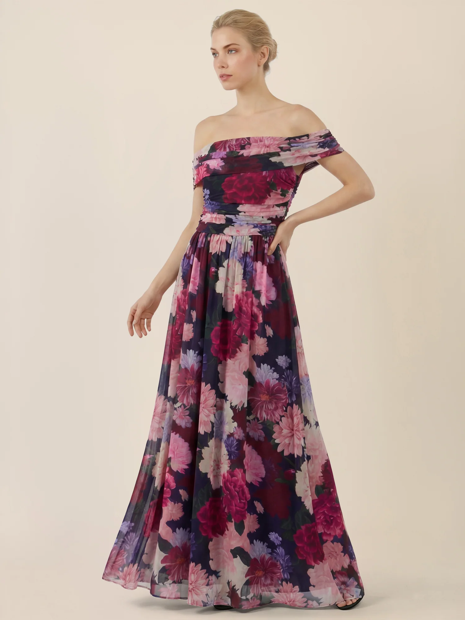 APART Schulterfreies Maxikleid mit floralem Print | weinrot-multicolor - Image 6
