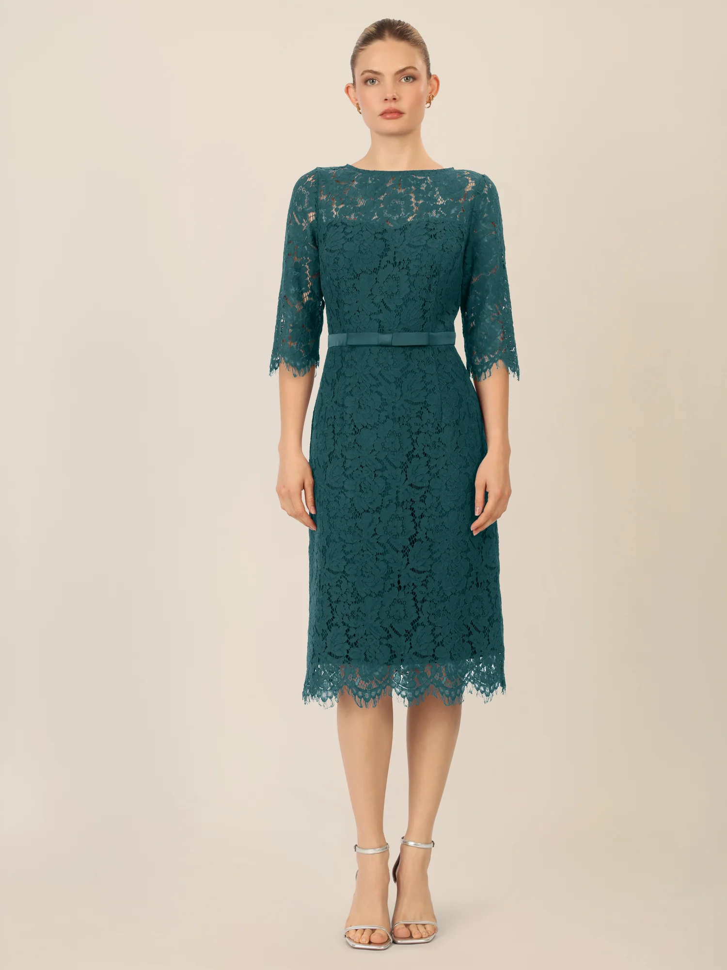 APART Spitzenkleid mit Schleifen-Gürtel | dunkelgrün