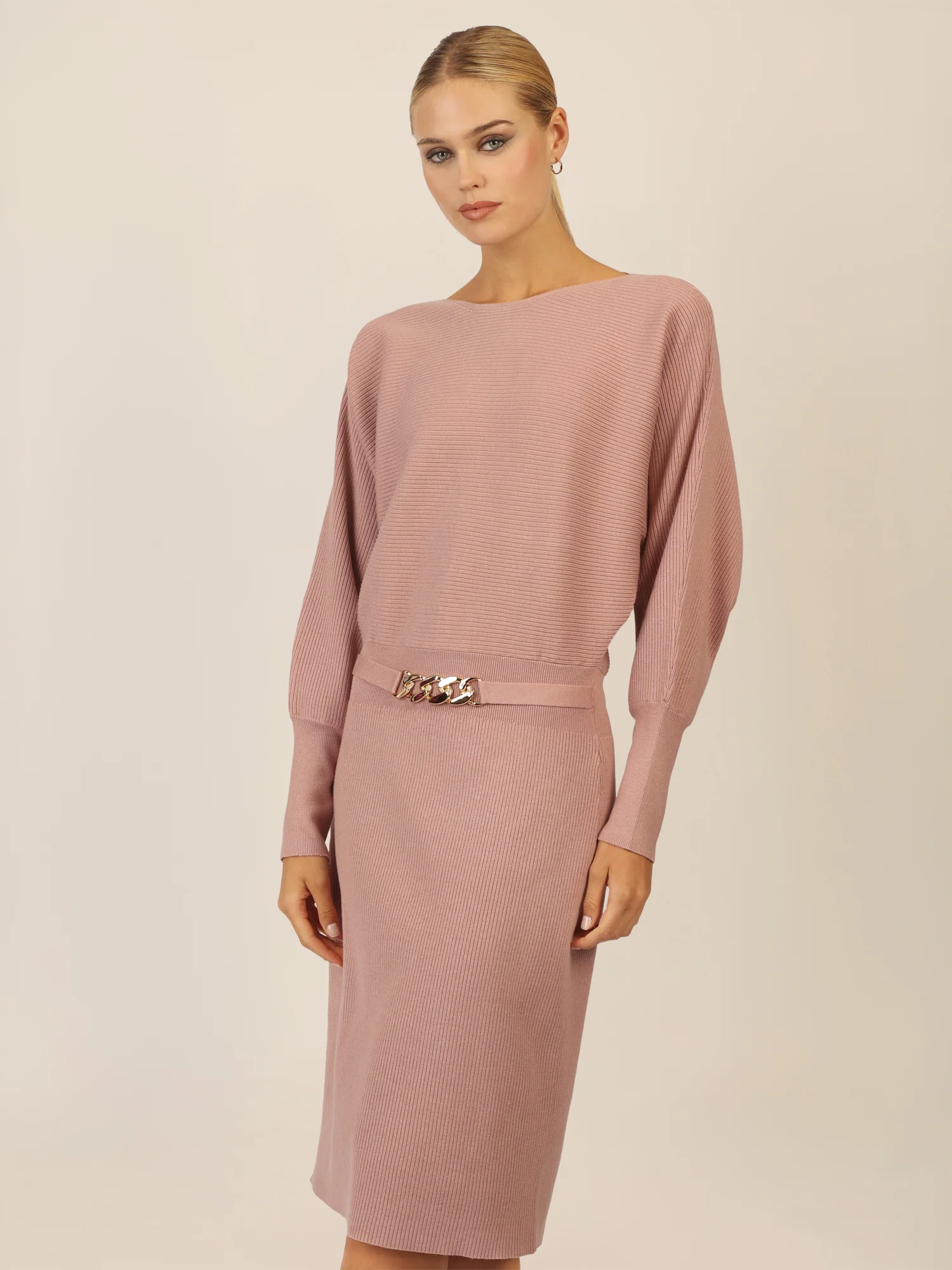 APART Strickkleid mit Gliederkette Detail Gürtel | mauve - Image 6