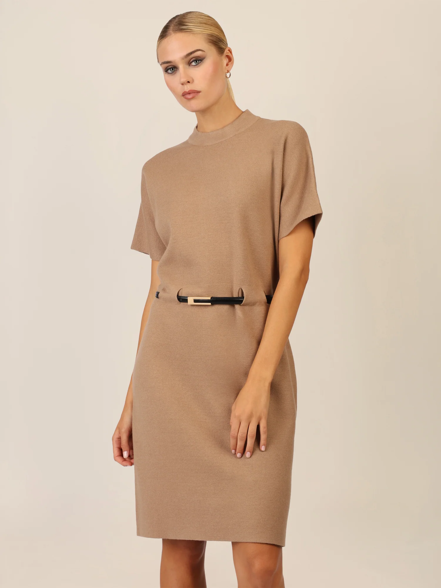 APART Strickkleid mit Gürtel und Stehkragen | camel - Image 4