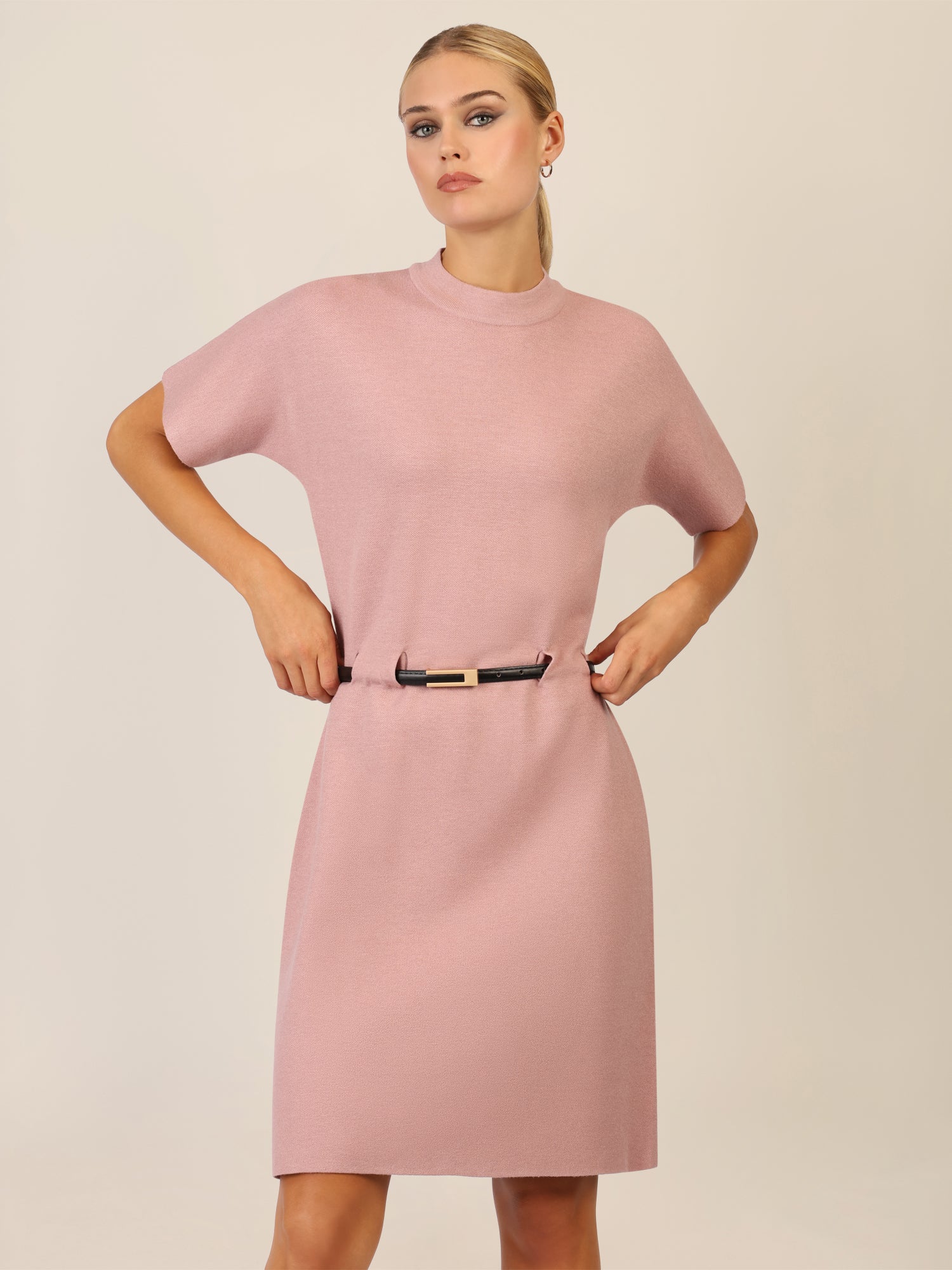 APART Strickkleid mit Gürtel und Stehkragen | mauve - Image 4