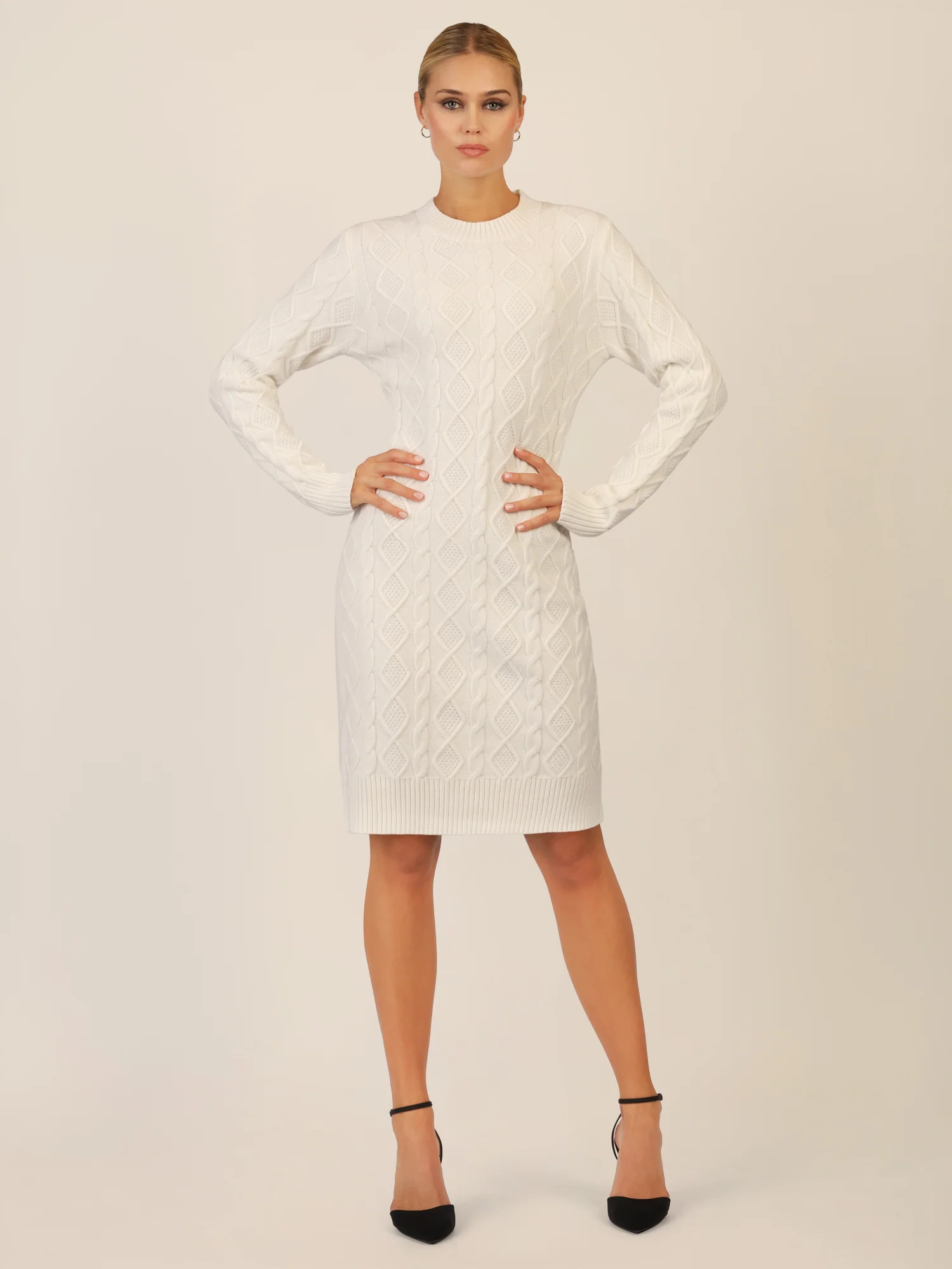 APART Strickkleid mit Strukturmuster und Rundhalsausschnitt | creme