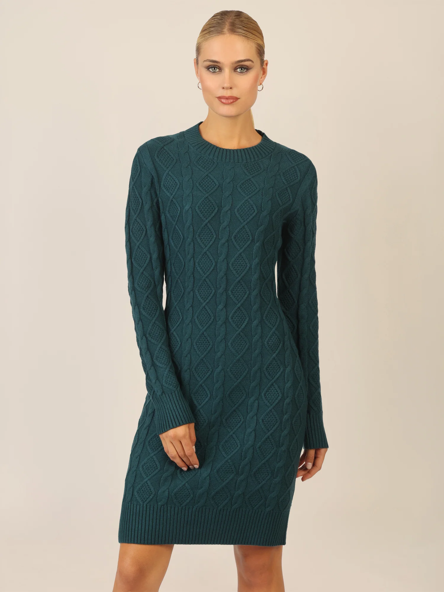 APART Strickkleid mit Strukturmuster und Rundhalsausschnitt | dunkelgrün - Image 4
