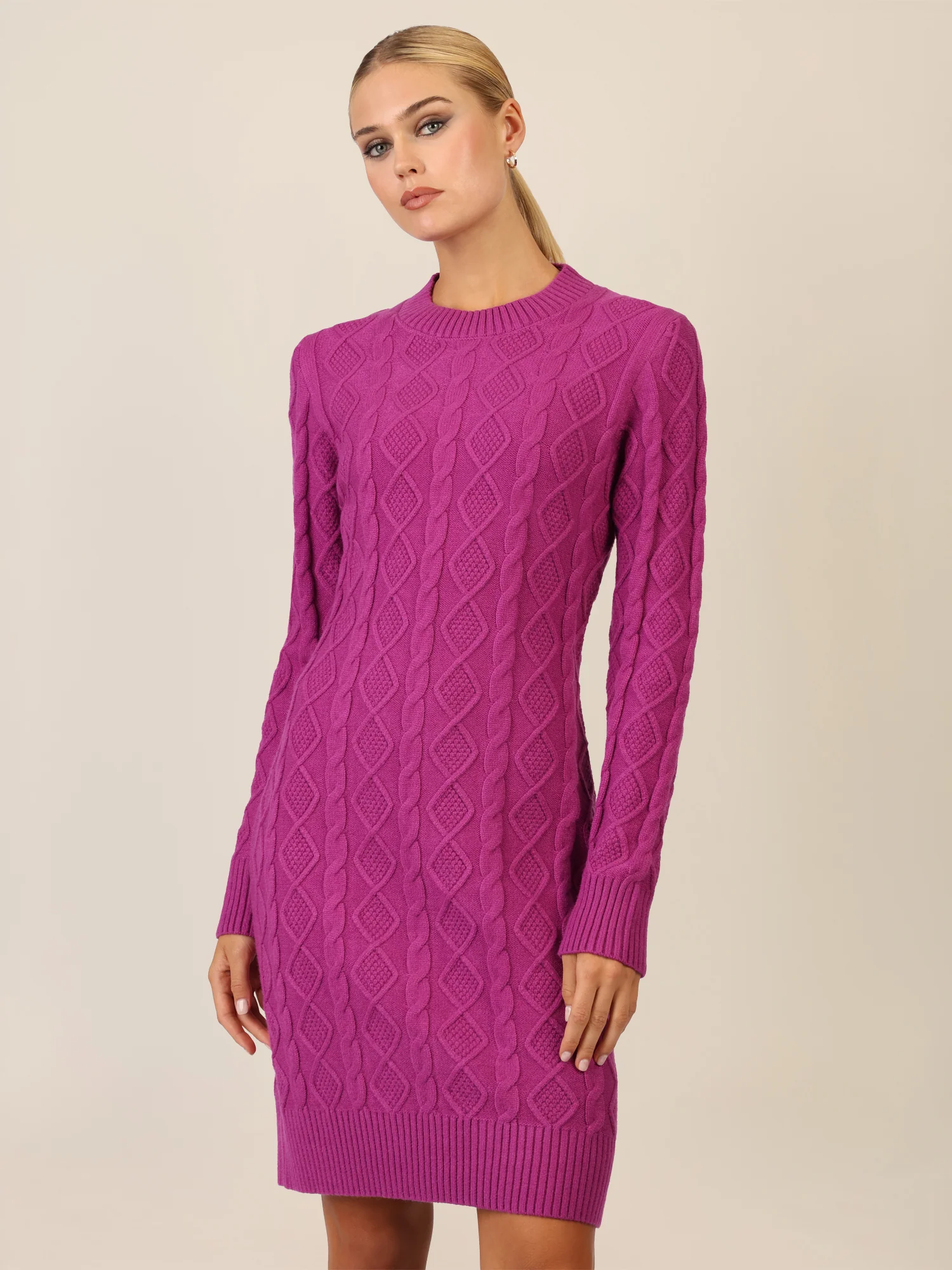 APART Strickkleid mit Strukturmuster und Rundhalsausschnitt | lila - Image 4