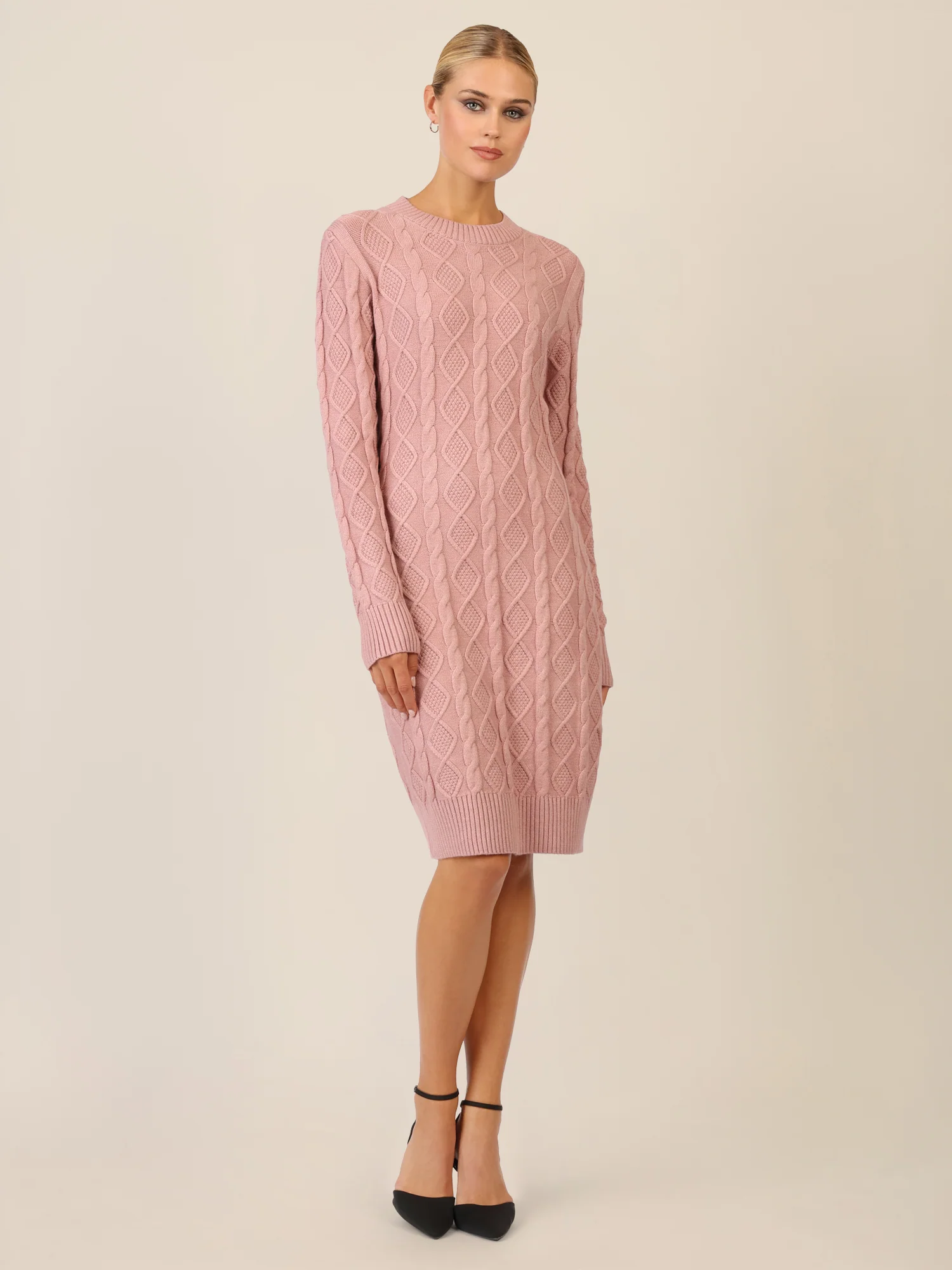 APART Strickkleid mit Strukturmuster und Rundhalsausschnitt | mauve