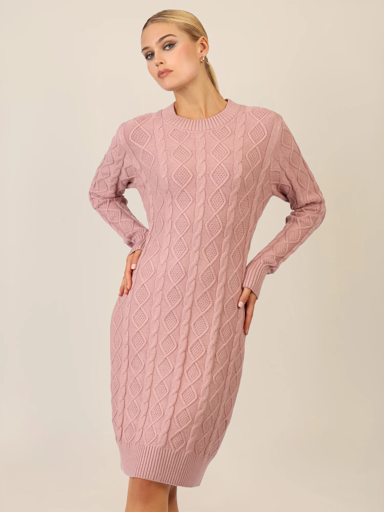 APART Strickkleid mit Strukturmuster und Rundhalsausschnitt | mauve - Image 4