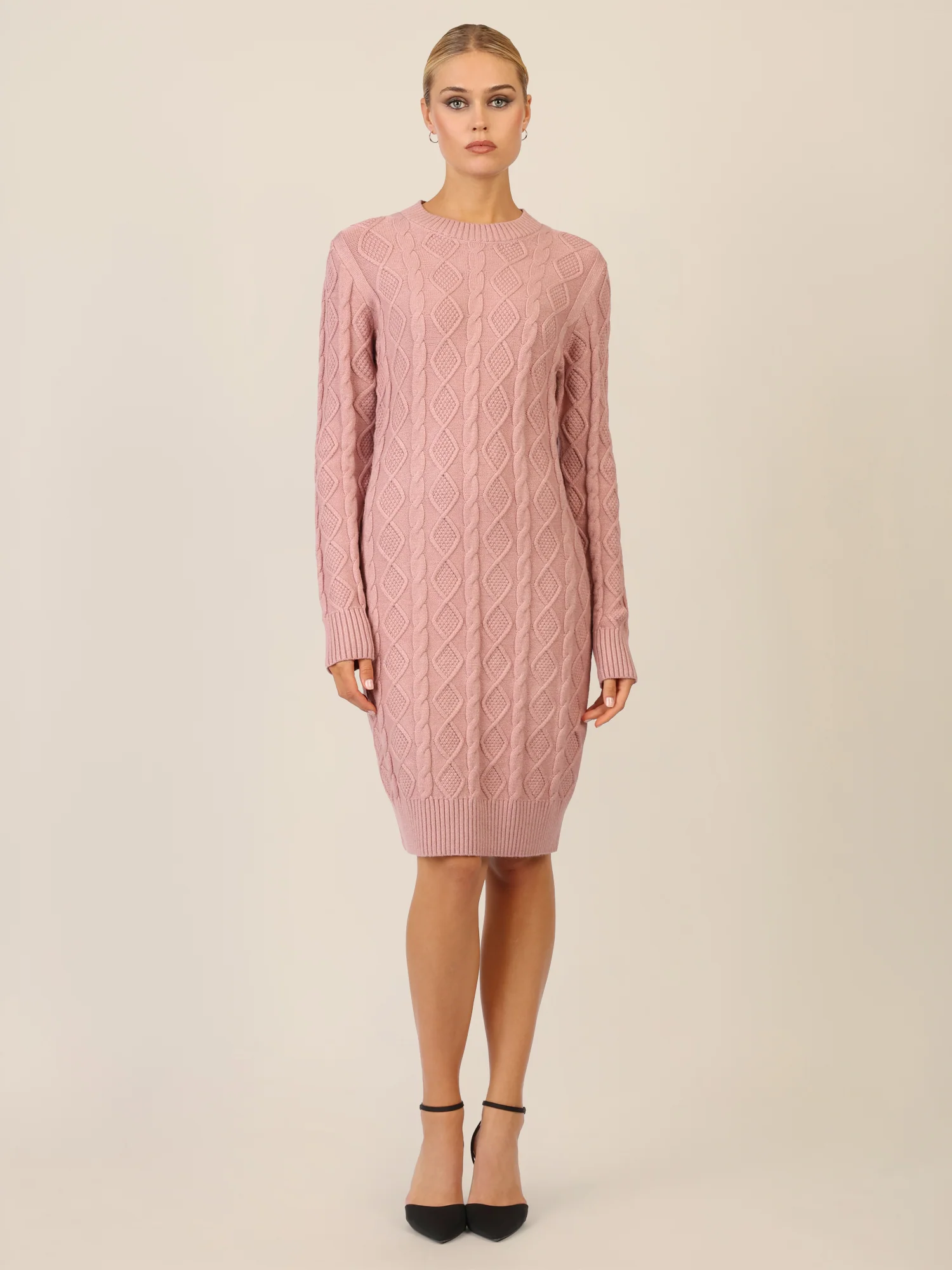 APART Strickkleid mit Strukturmuster und Rundhalsausschnitt | mauve - Image 6