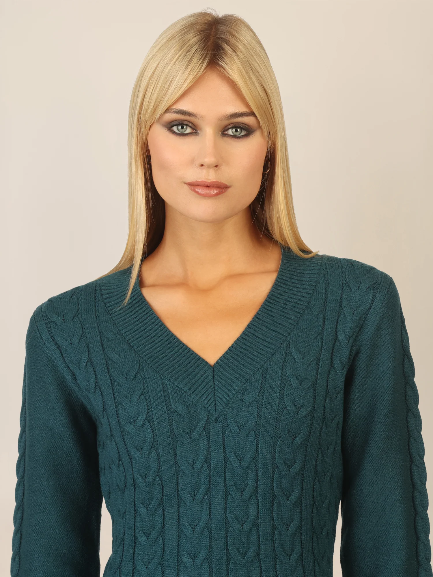 APART Strickkleid mit Zopfmuster und V-Ausschnitt | dunkelgrün - Image 5