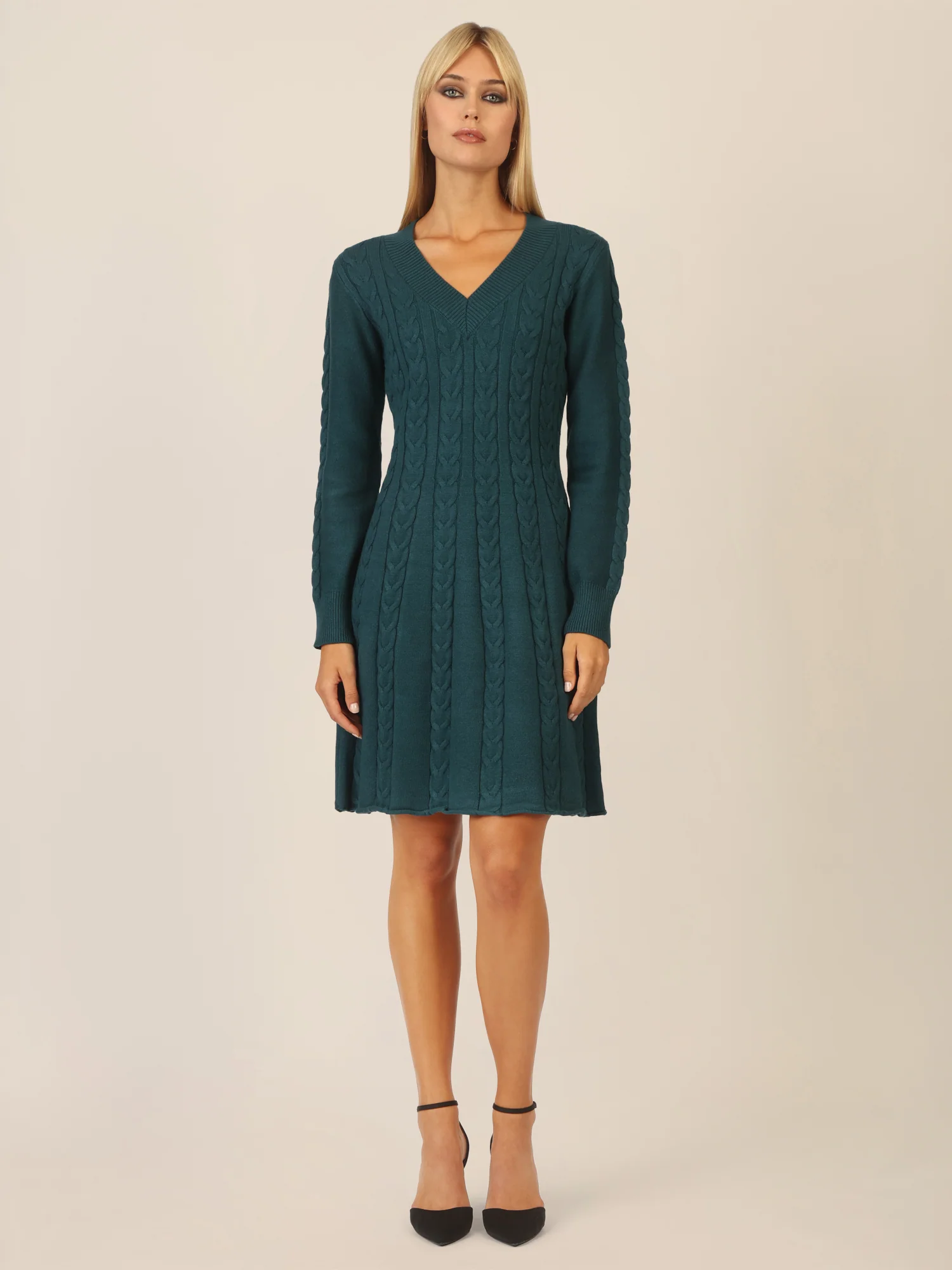 APART Strickkleid mit Zopfmuster und V-Ausschnitt | dunkelgrün - Image 6