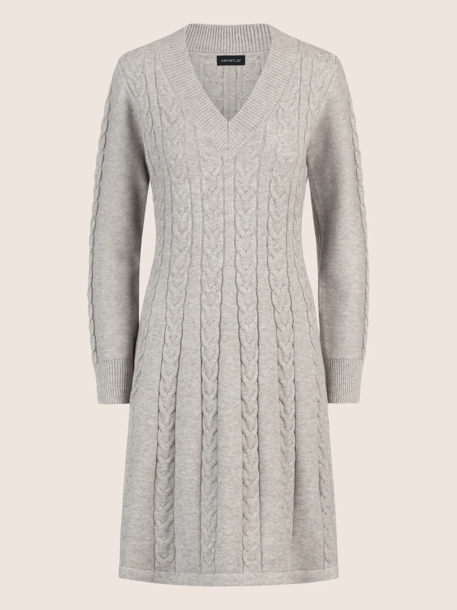 APART Strickkleid mit Zopfmuster und V-Ausschnitt | graumeliert - Image 3