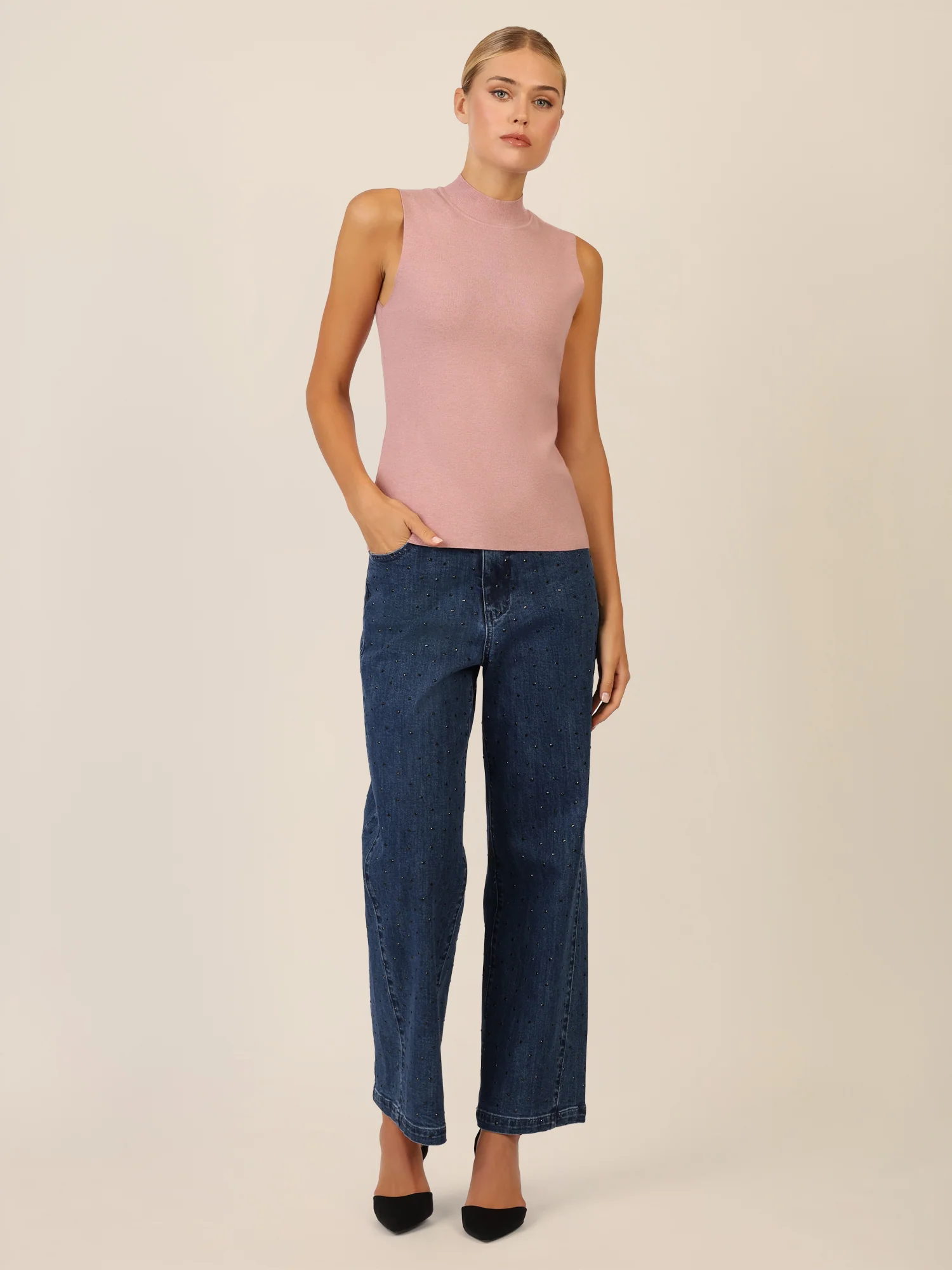 APART Stricktop mit Stehkragen und Ärmellos-Design | mauve - Image 2