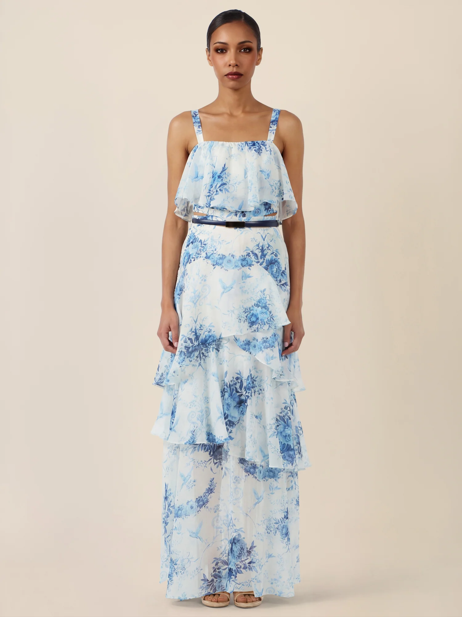 APART Stufenkleid mit Volants und floraler Eleganz | creme-blau