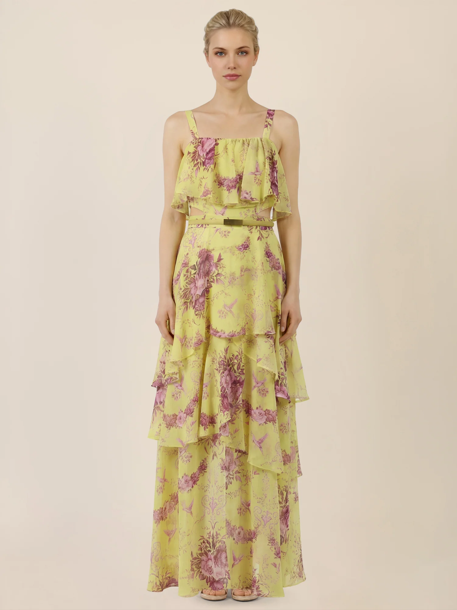 APART Stufenkleid mit Volants und floraler Eleganz | gelb-multicolor