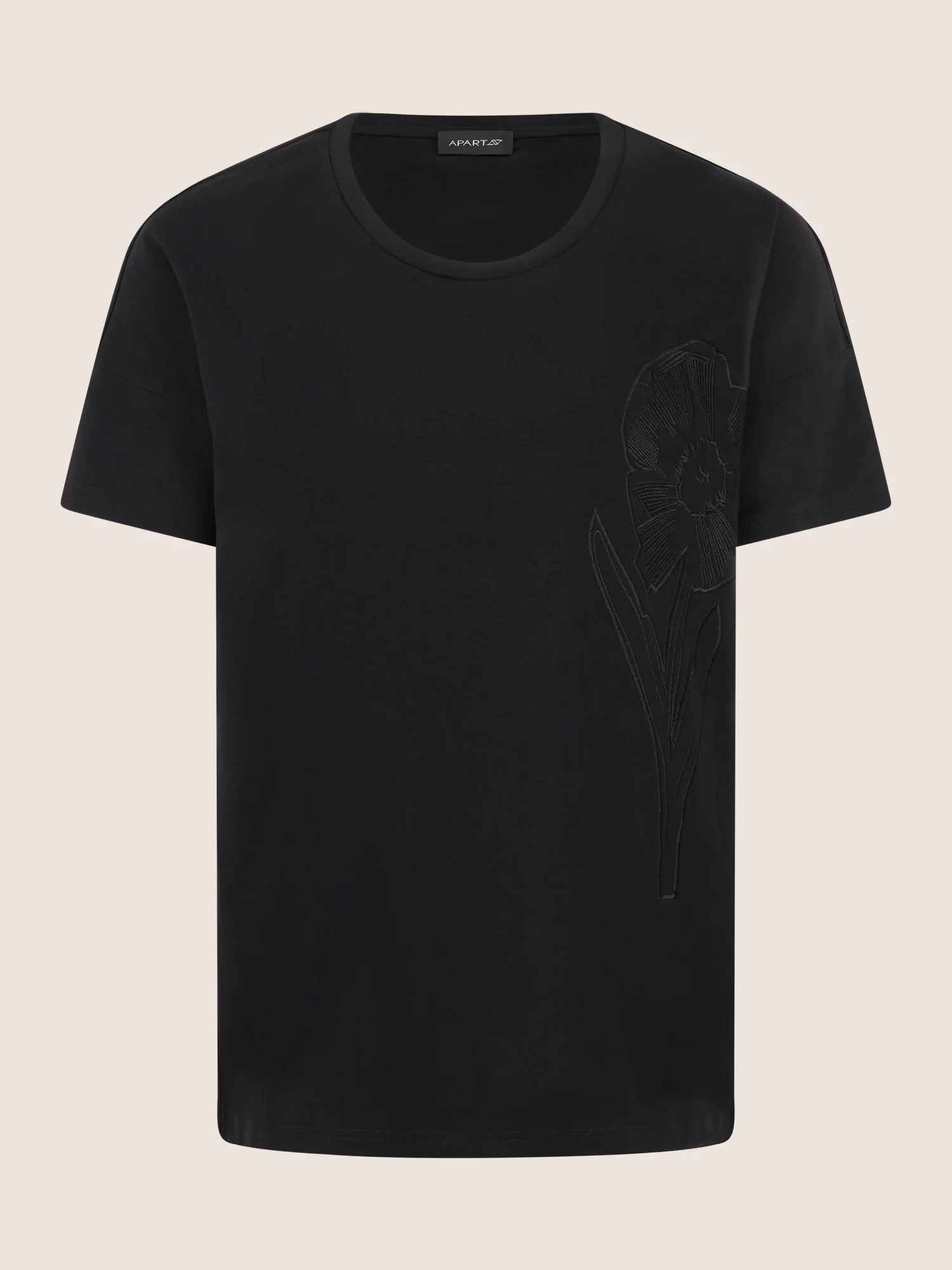 APART T-Shirt mit floraler Ton-in-Ton-Stickerei | schwarz - Image 3