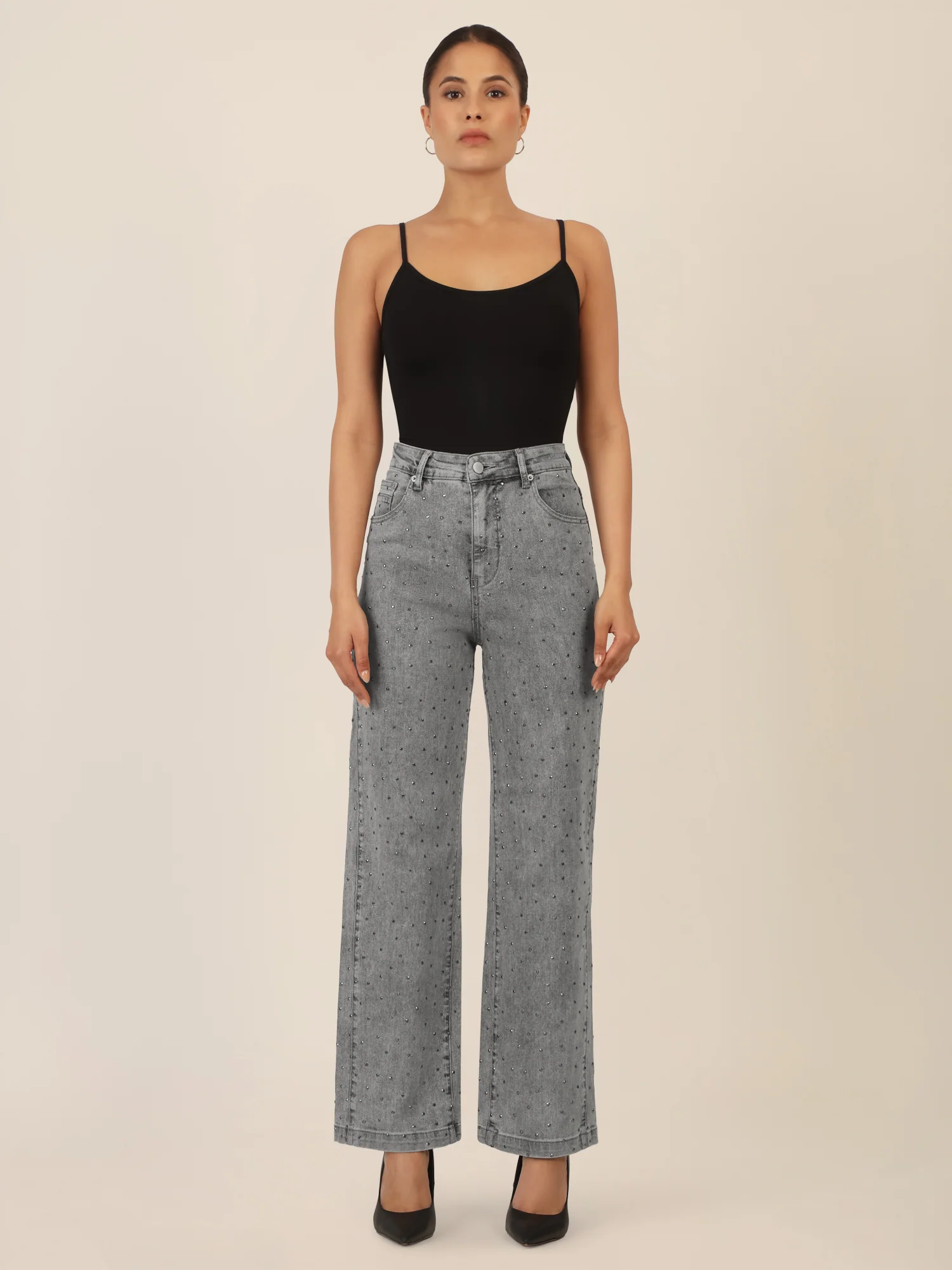 APART Weite Jeans mit Kristallsteinen in Stone- washed Optic | grau - Image 2